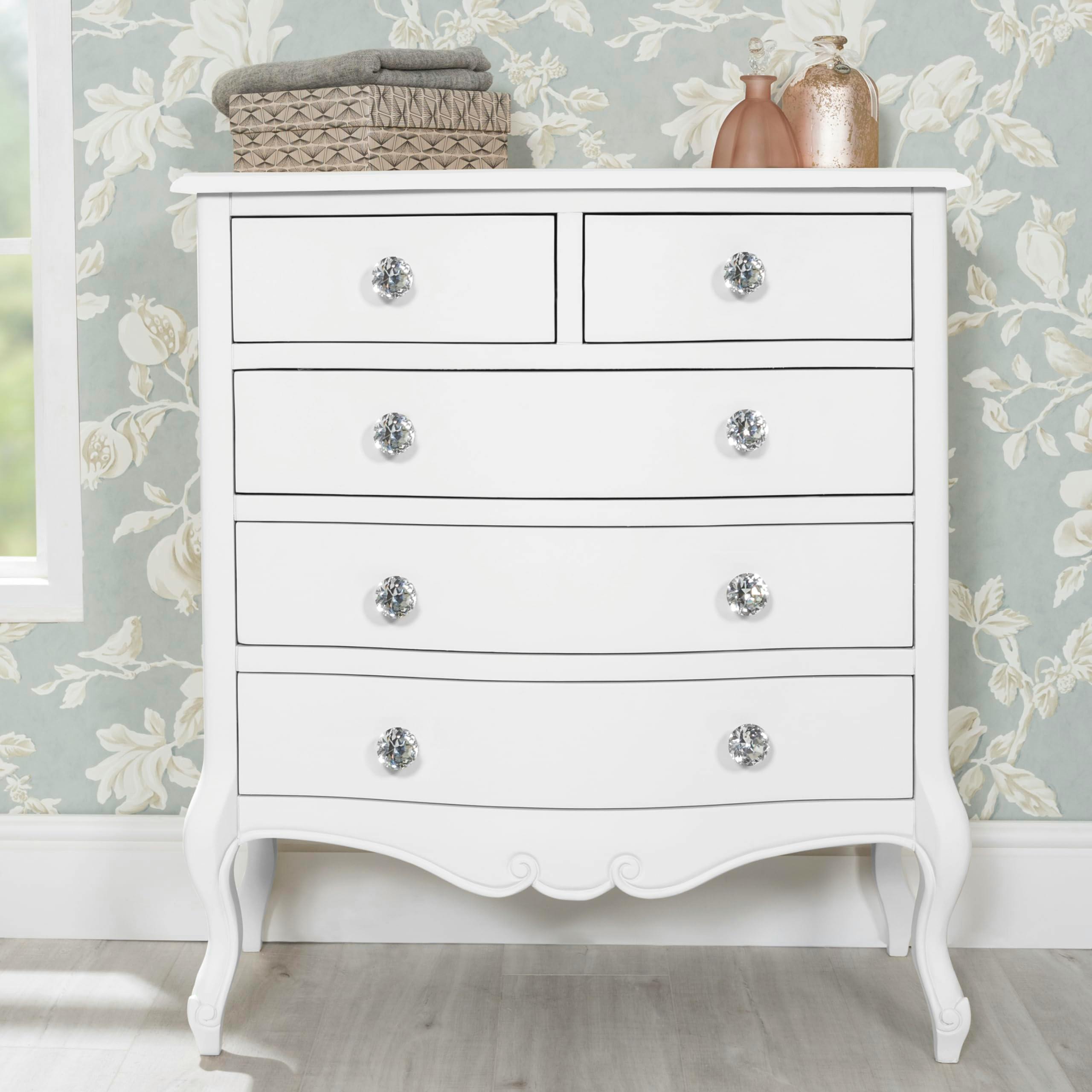 Statement Furniture White Juliette Chest Of Drawers Vintage Chic 2 Over 3 Chest With Crystal Handles