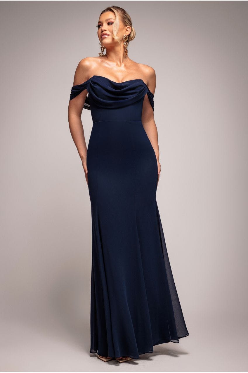 Goddiva Black Chiffon Bardot Cowl Neck Maxi Dress - Navy By - Navy - 18