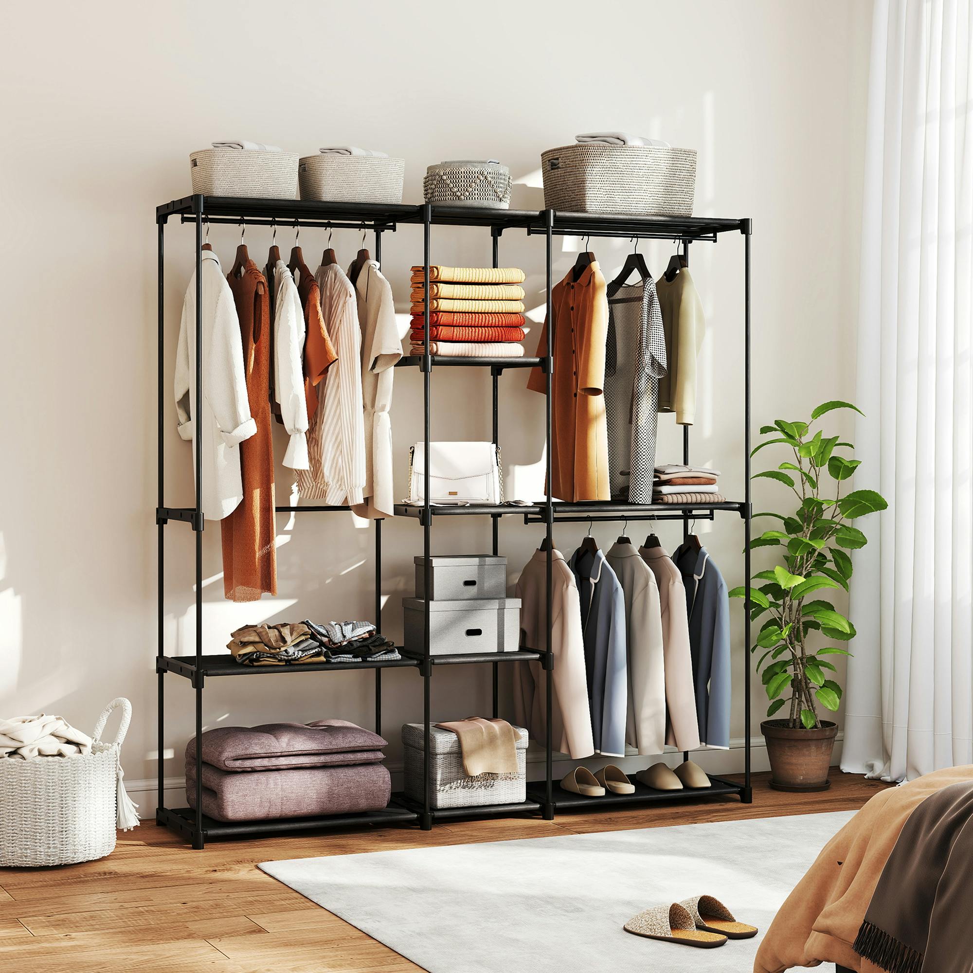 Rackhams Black Open Portable Wardrobe, Clothes Rack With 8 Shelves,
