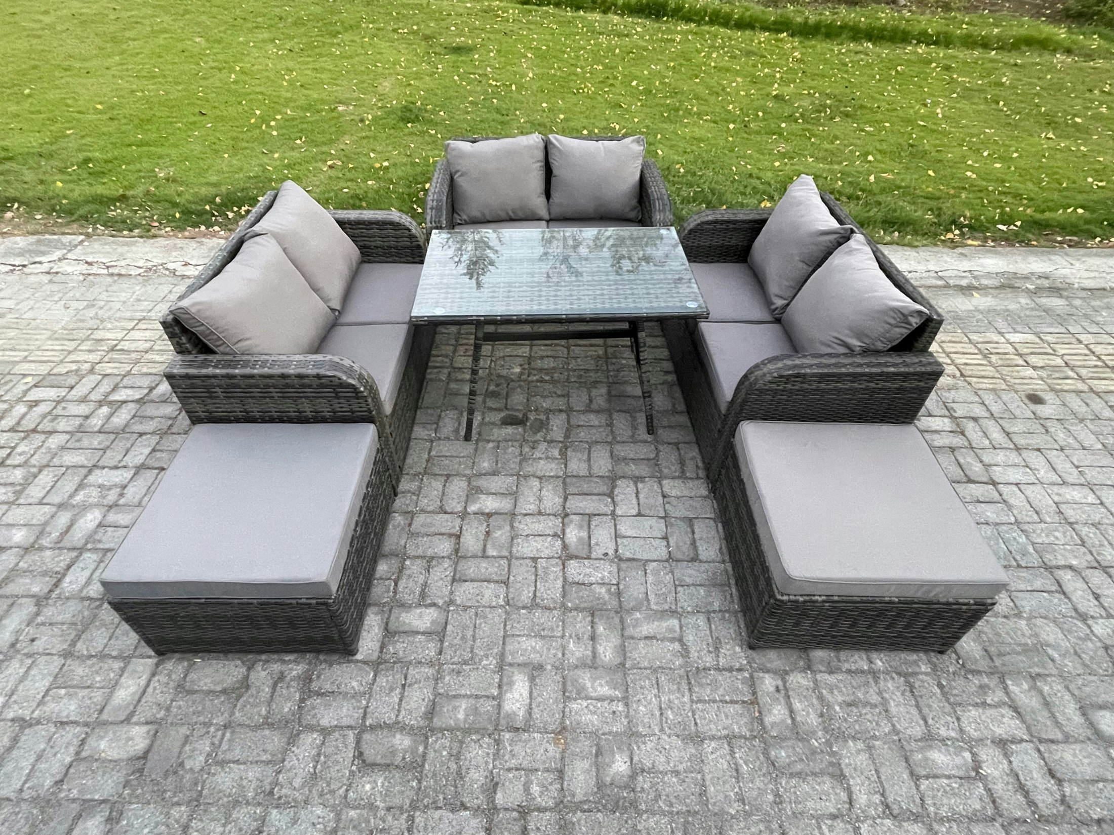 Rackhams Dark/Grey Garden Furniture Sets 8 Seater Rattan Furniture Manual Wicker Patio Sofa Patio Conversation Set With 2 Big Footstool Mixed