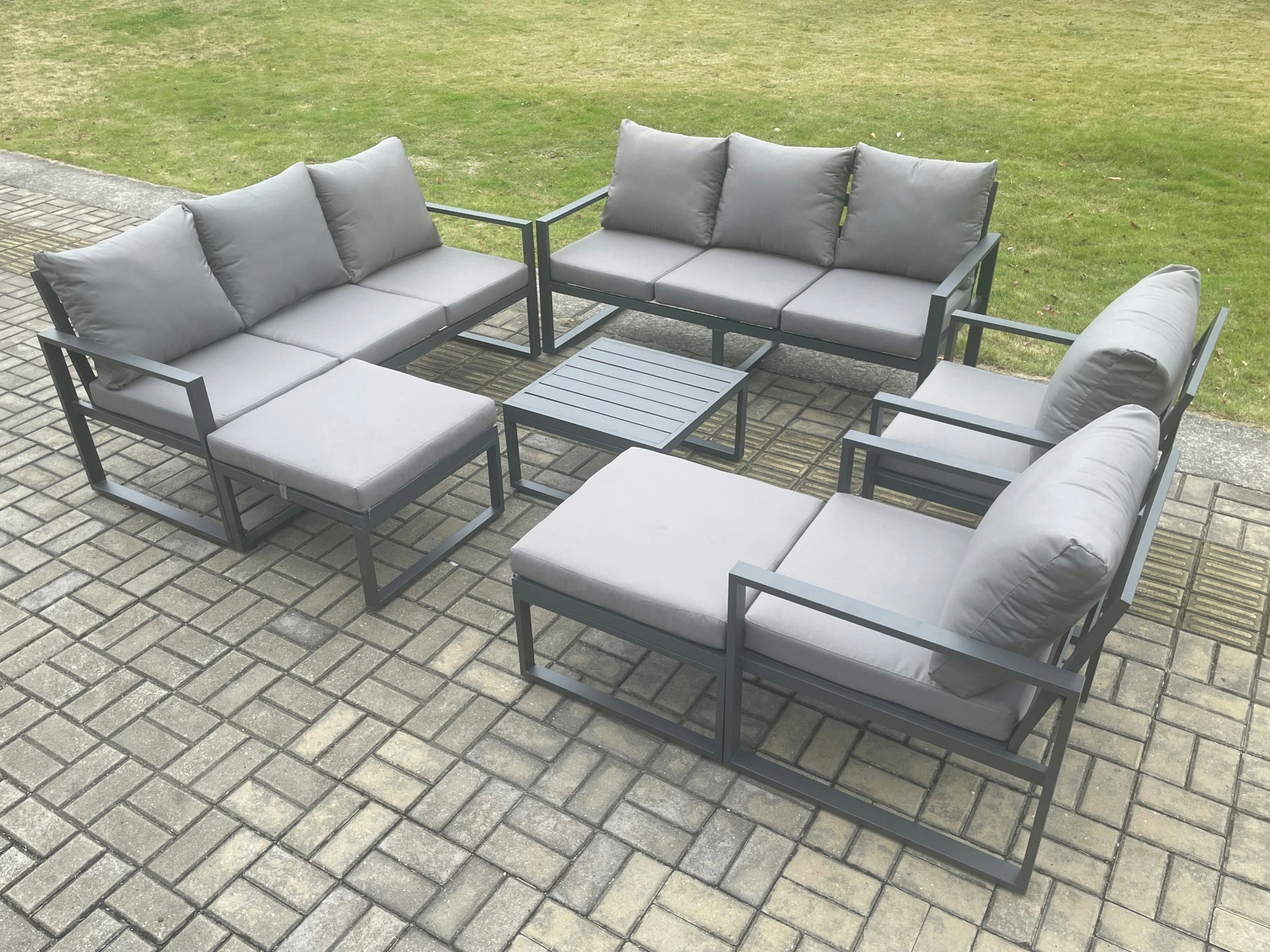 Rackhams Dark/Grey Aluminium Patio Outdoor Garden Furniture Lounge Sofa Set With Square Coffee Table 2 Chairs 2 Big Footstools