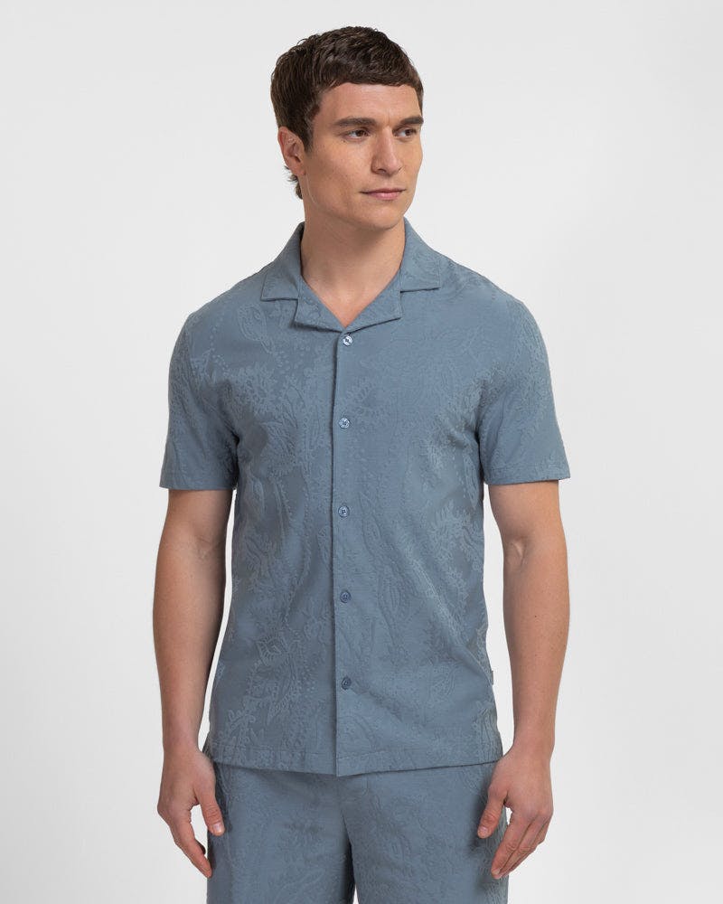 Steel & Jelly Blue Kenton - Paisley Texture Jersey Short Sleeve Shirt - M