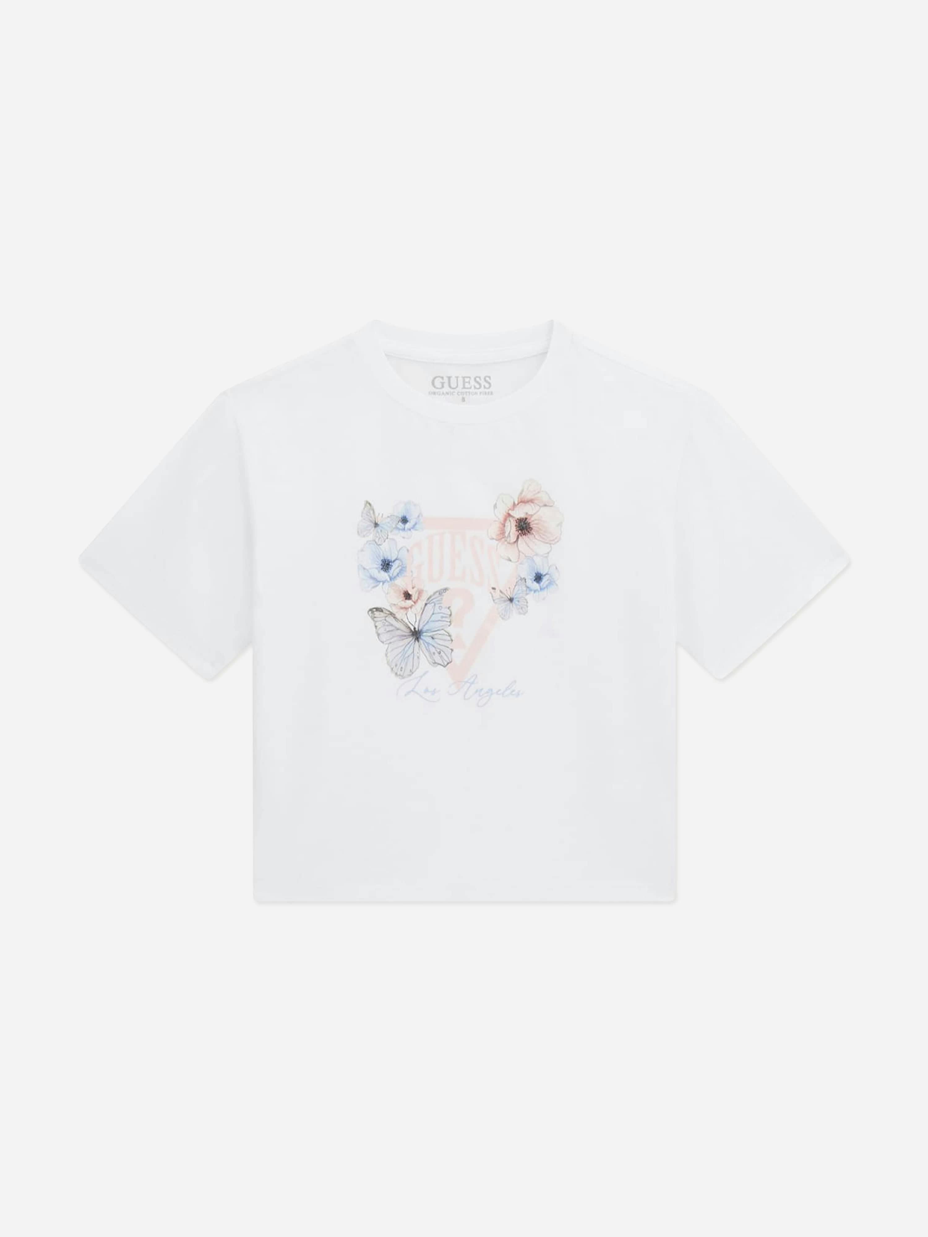 Guess Girls White Flower And Butterfly Logo T-Shirt In - 16 Yrs