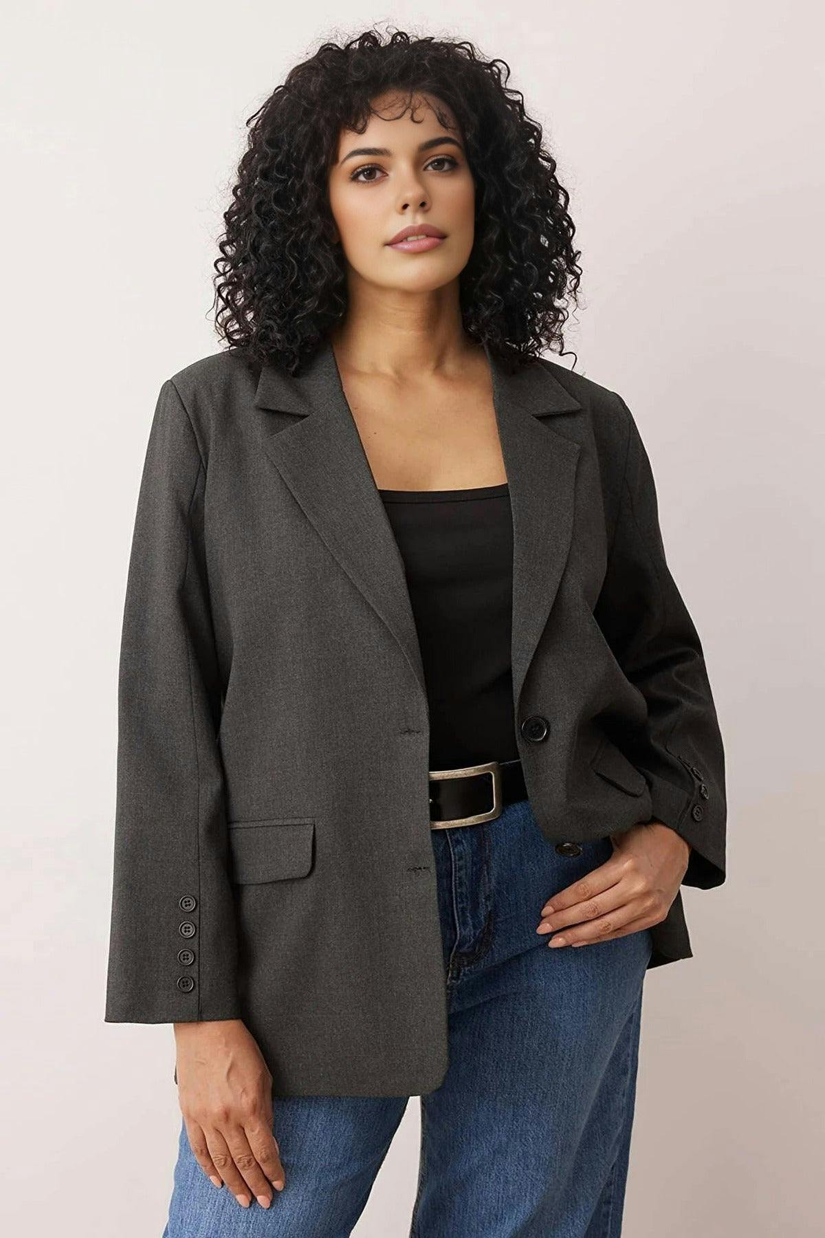 Wovcor Dark/Grey Loose Fit Lined Woven Blazer Jacket - 14