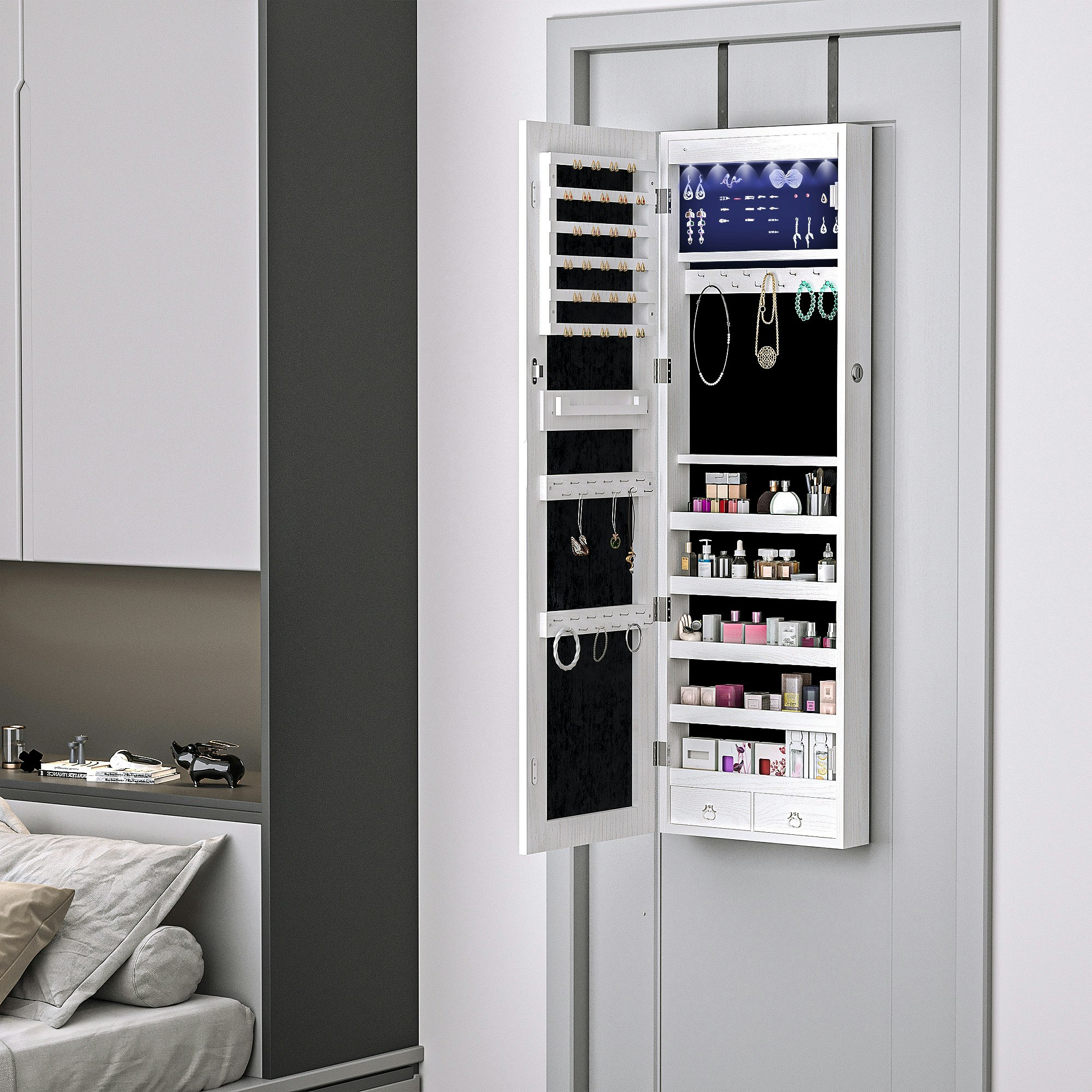 Homcom White Hanging Mirrored Jewel Storage Cabinet Organiser Lockable W/6 Led