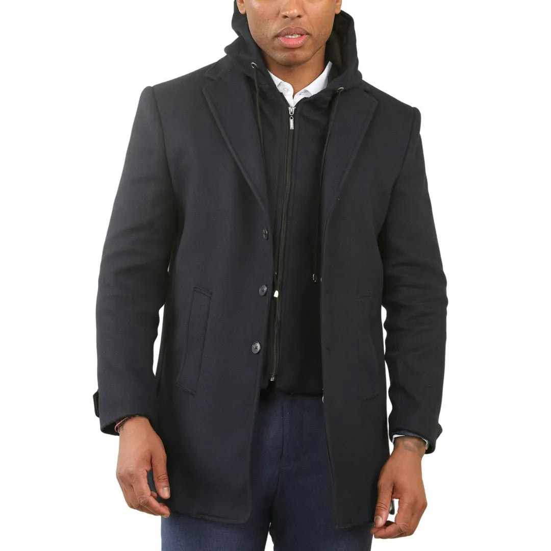 Truclothing Men's Black Hooded Wool Blend Classic Overcoat - 4XL