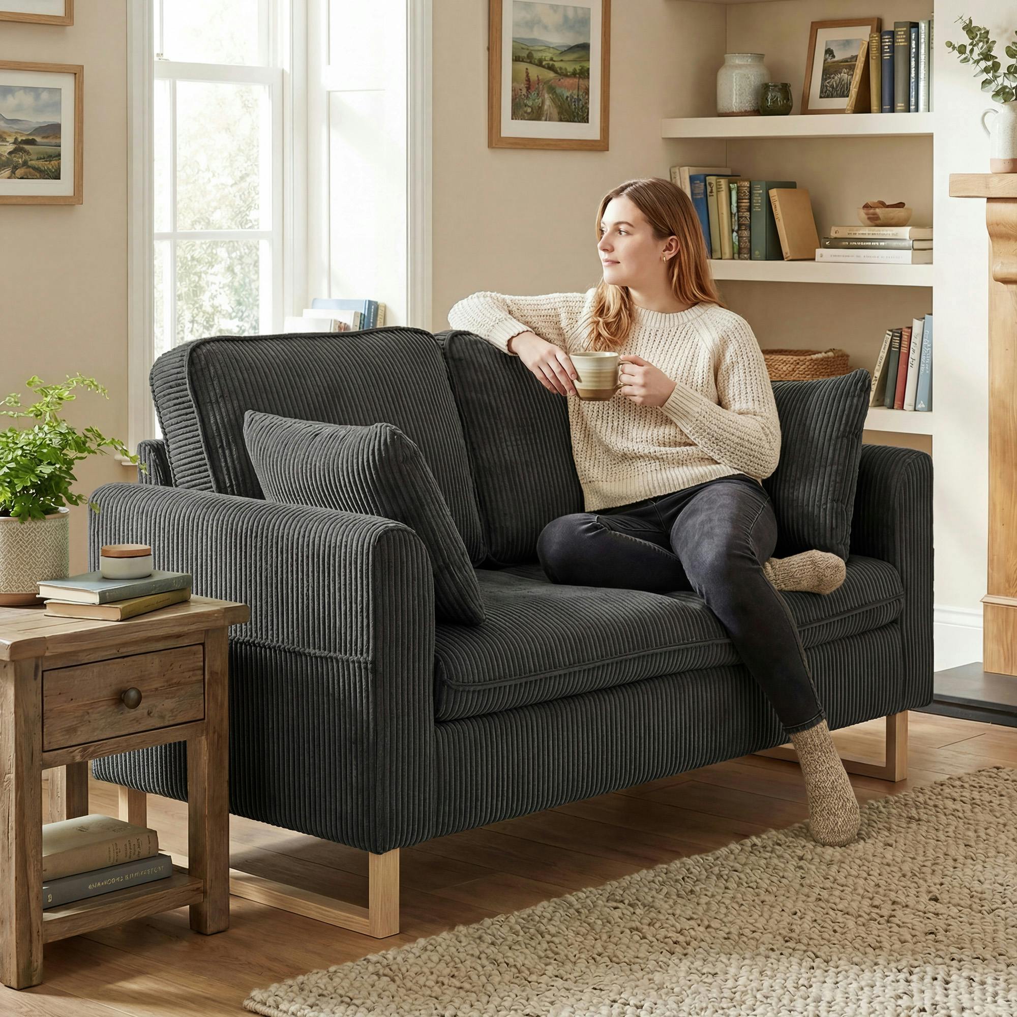 Homcom Dark/Grey 2 Seater Sofa, Corduroy Sofa W/ Spring Cushions 2 Pillows