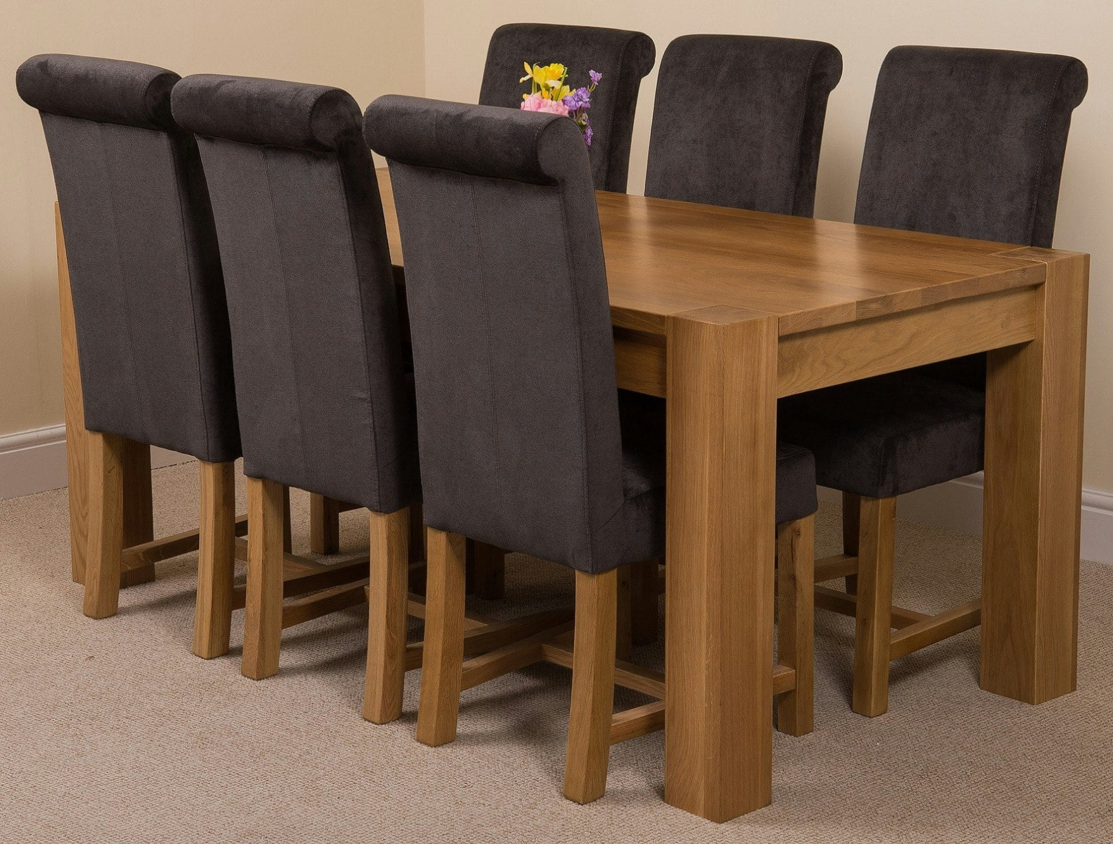 That's Furniture Black Kuba Large Oak Dining Table With Washington Fabric Chairs - 6 Chairs