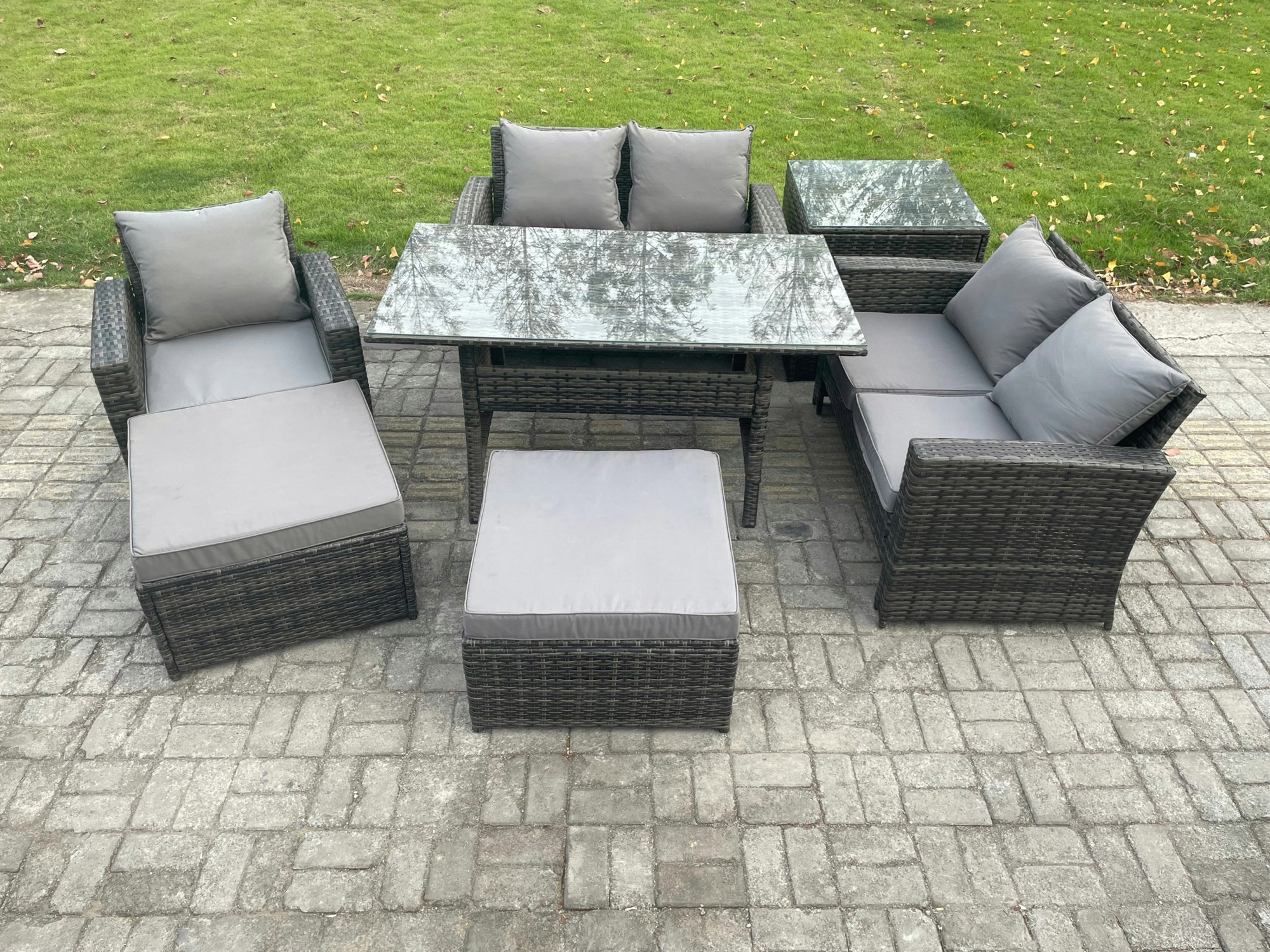 Fimous Dark/Grey Outdoor Garden Dining Set - Mixed Pe Wicker Rattan Sofa With Rectangular Dining Table & 2 Big Footstools