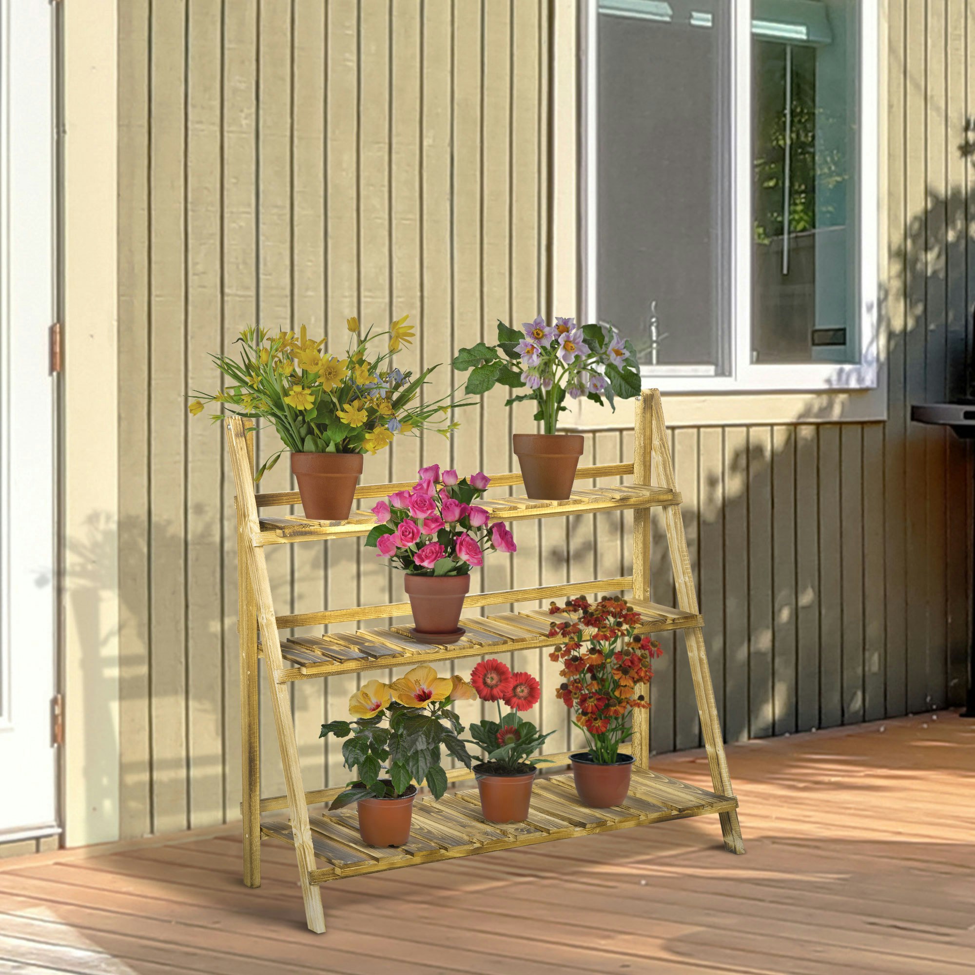 Rackhams Brown 3-Tier Folding Wooden Flower Stand Plant Display For Garden Patio - Fir Wood - 100L X 37W X 93H Cm