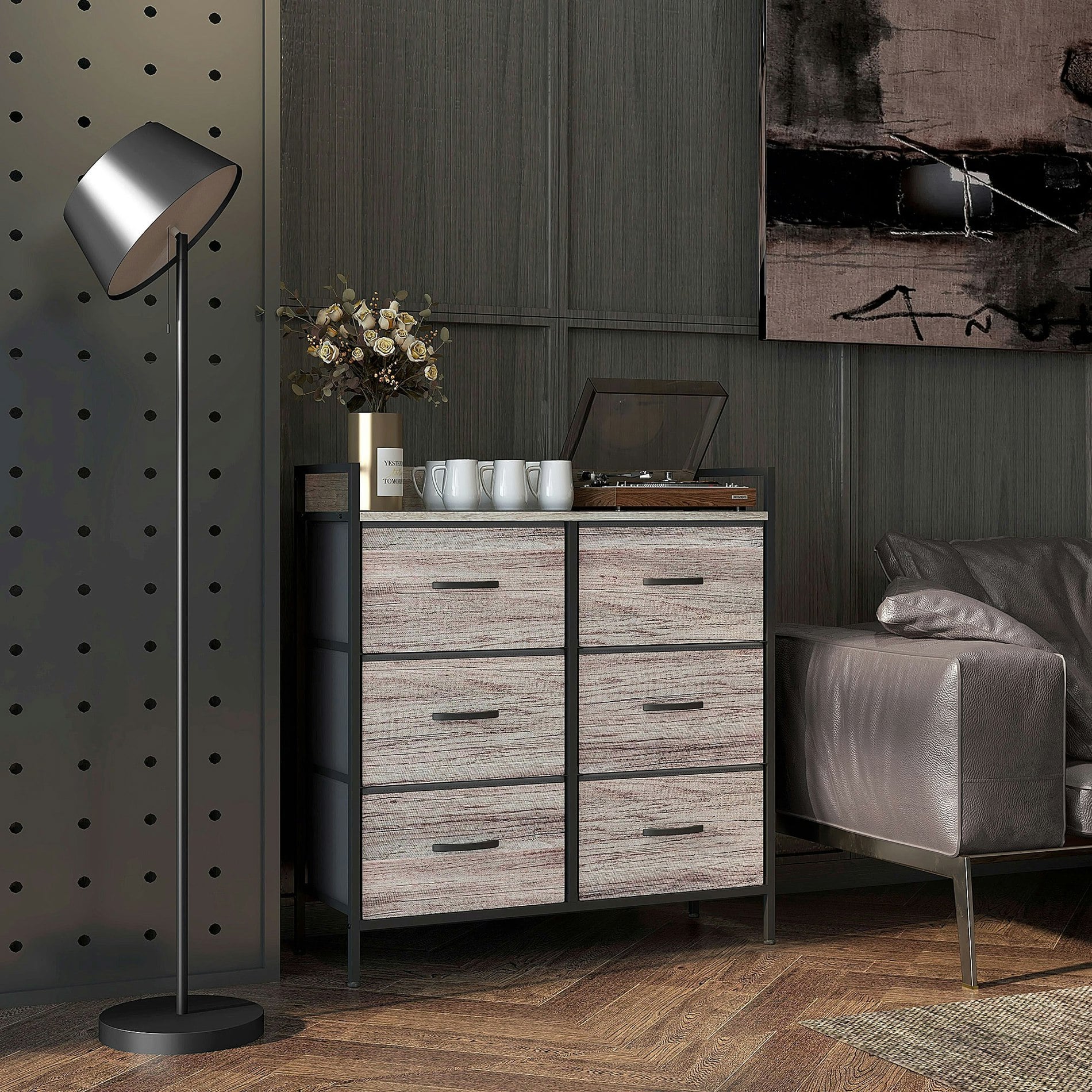Homcom Grey Bedroom Chest Of Drawers 6 Drawer Dresser W/ Shelf, Wood Effect - Wood Effect - 6