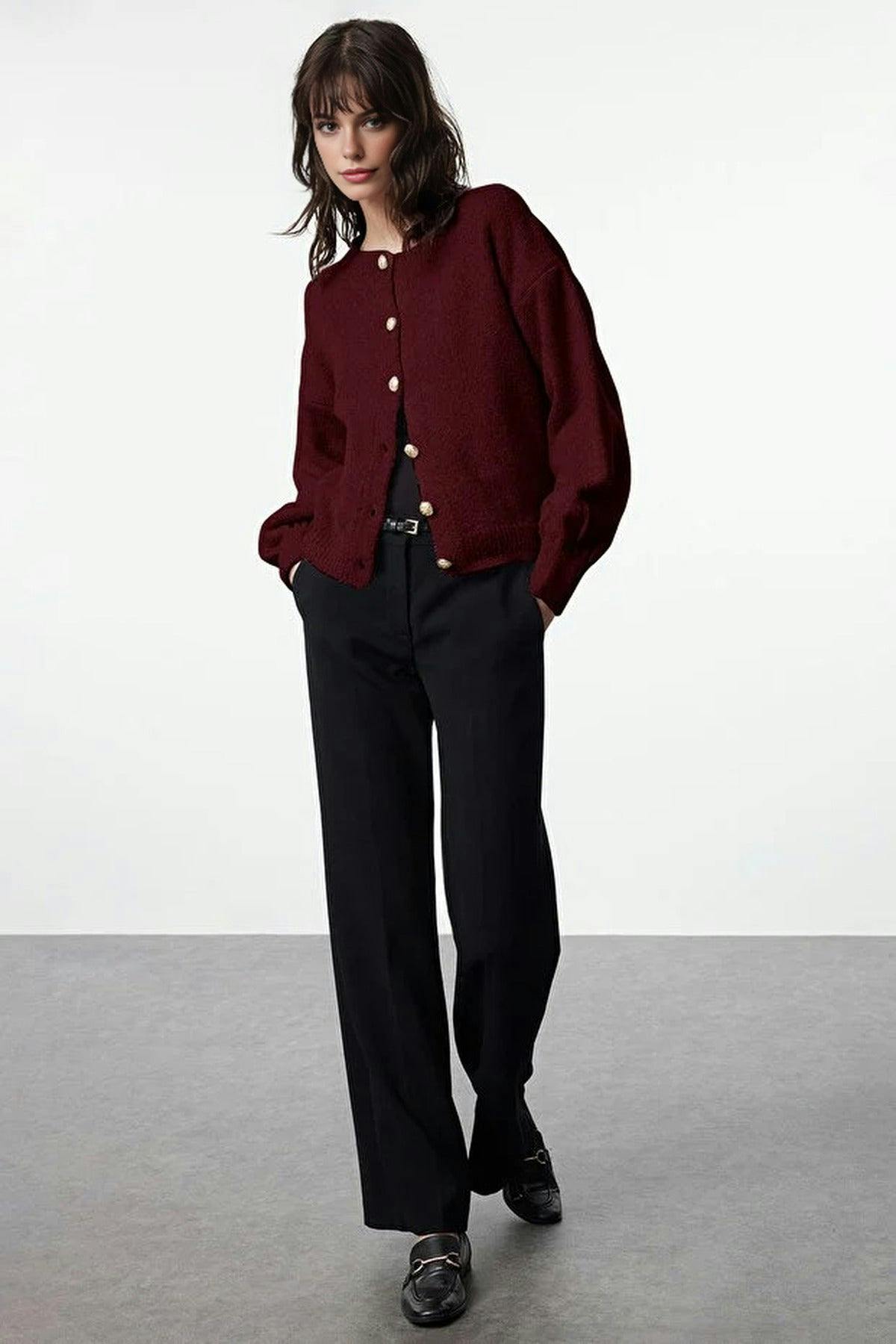 Wovcor Burgundy Soft-Textured Knit Cardigan With Button Detail And Balloon Sleeves - L