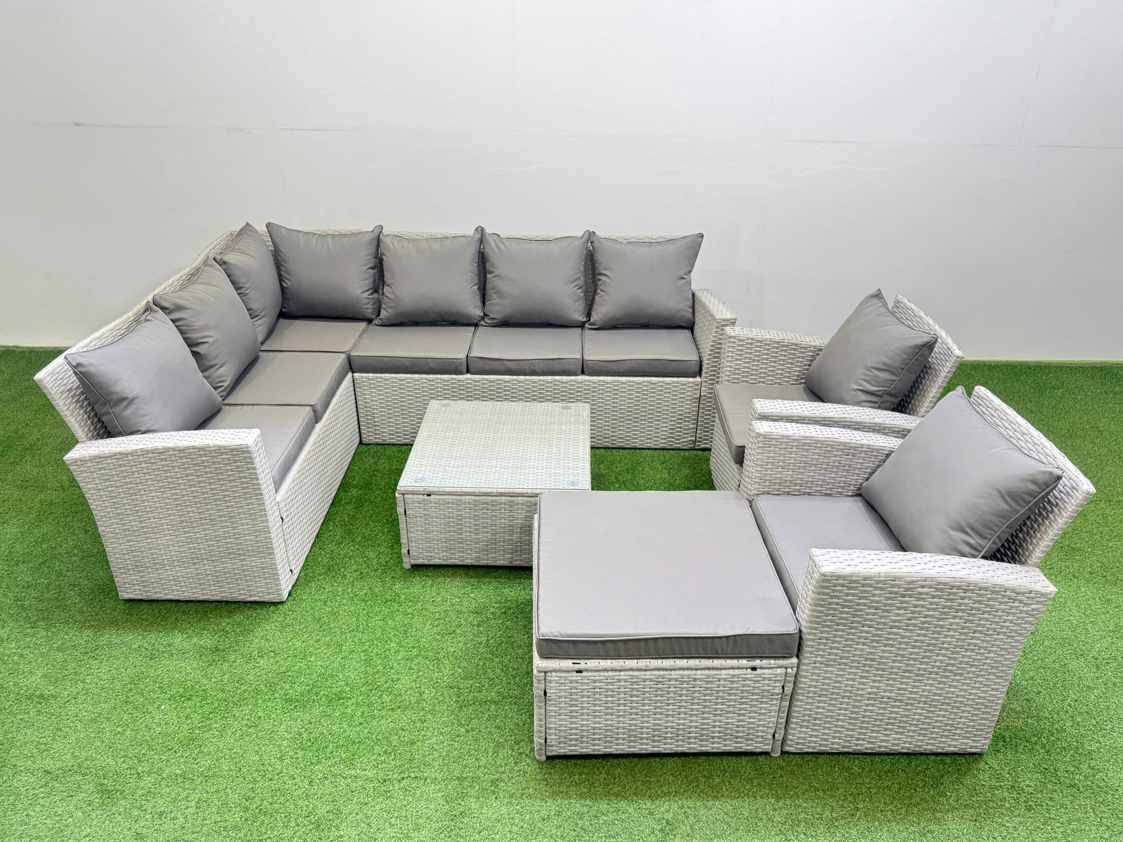 Fimous Light/Grey Outdoor Rattan Garden Furniture Set 9 Seater Corner Sofa Sets With Square Coffee Table Chair Big Footstool Mixed