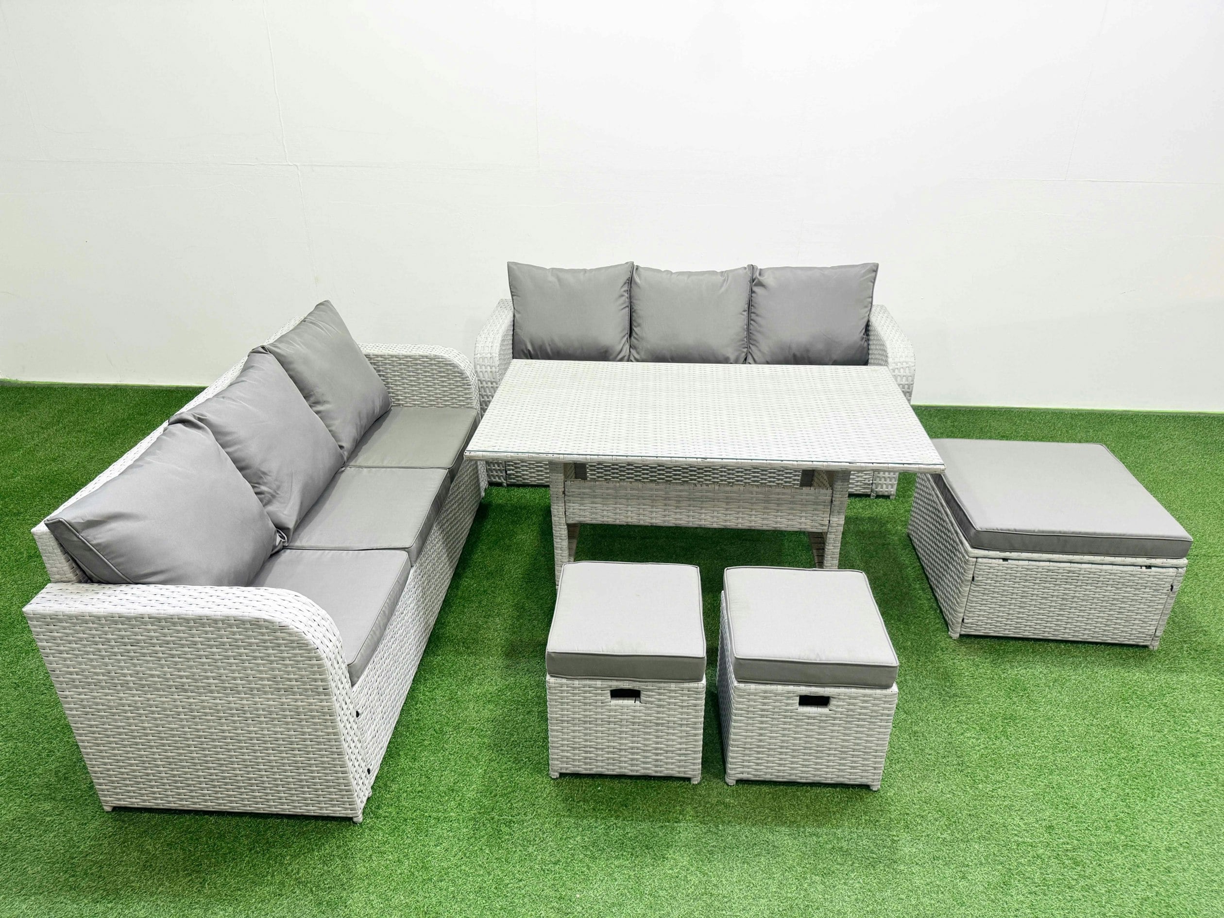 Fimous Light/Grey 9 Seater Rattan Outdoor Sofa Set - Rectangular Dining Table, High Back Lounge Sofa & 3 Stools