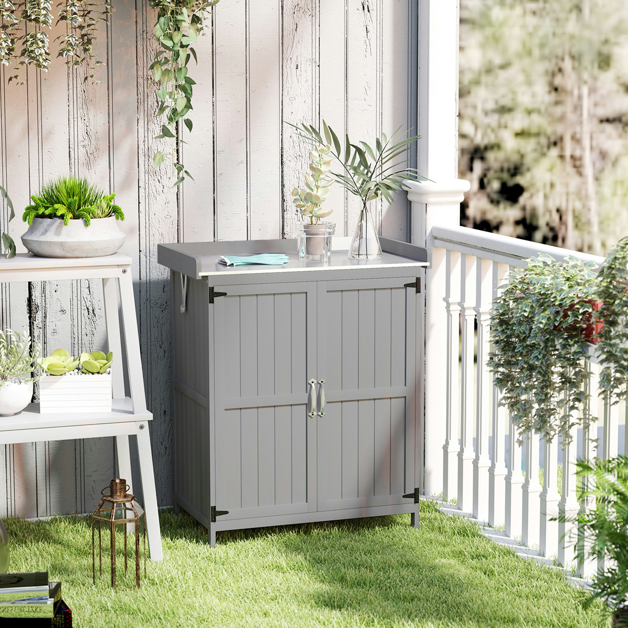 Outsunny Grey Wooden Garden Storage Shed W/Hinged Roof And Shelf,