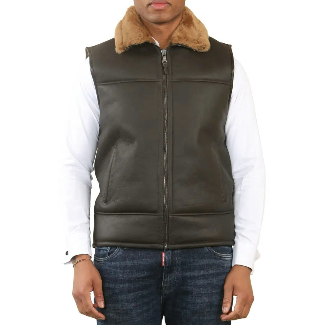 Infinity Leather Men's Brown Aviator Shearling Sheepskin Gilet - 4XL