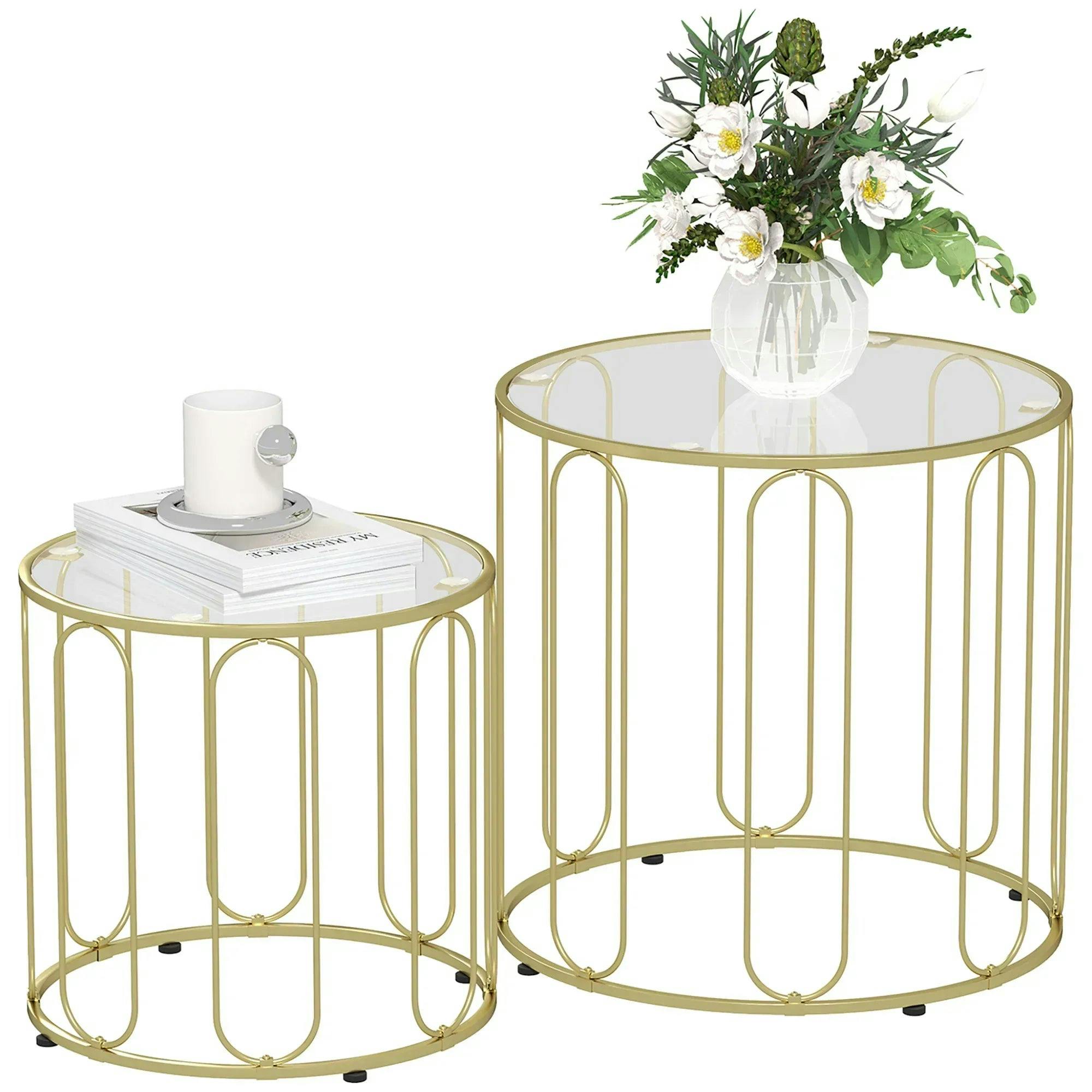 Set of 2 Gold Nesting Coffee Tables Glass Top Metal Frame Round Side Tables - Image 7