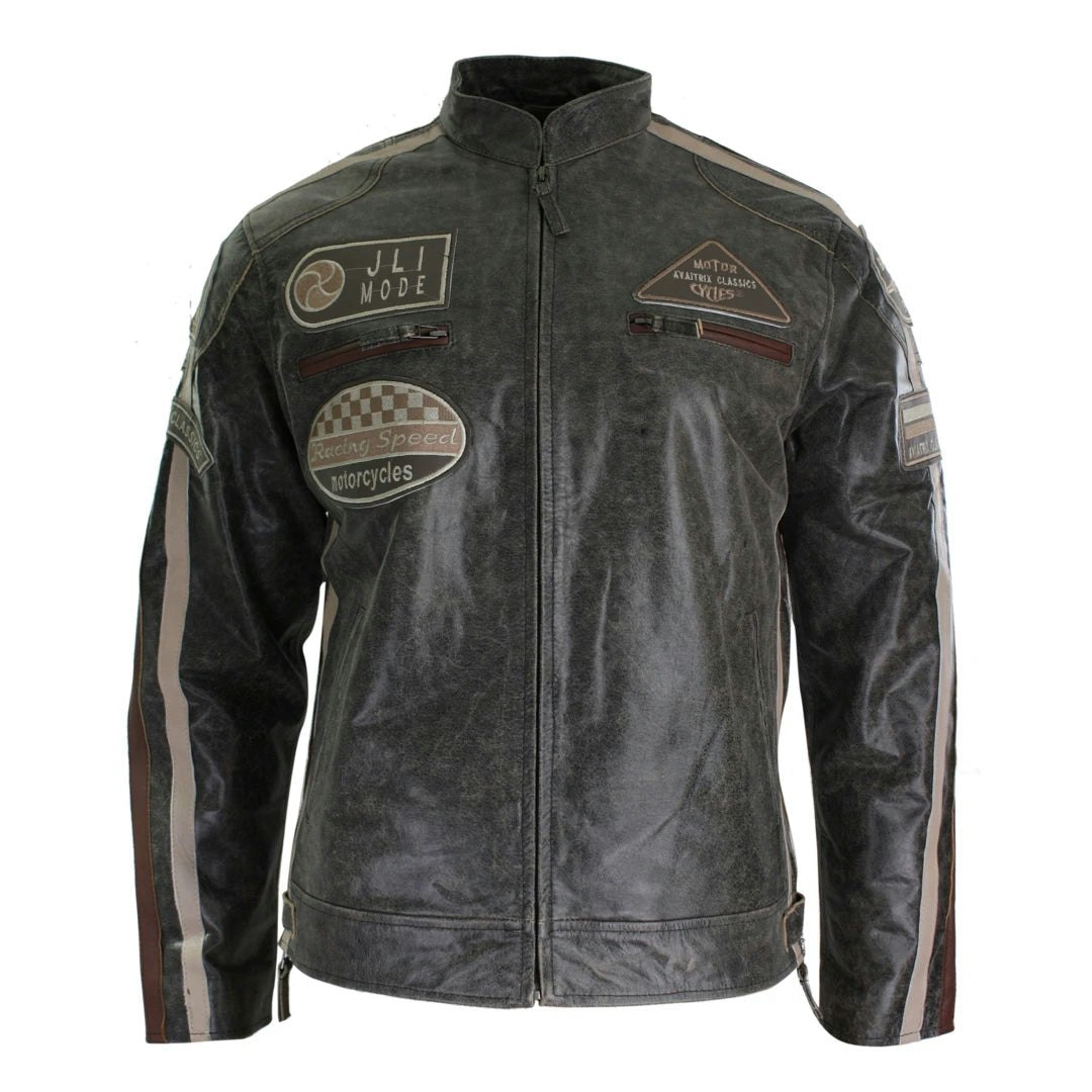 Aviatrix Men's Black Classic Biker Racer Leather Jacket Zipped Badge - Tan - 5XL