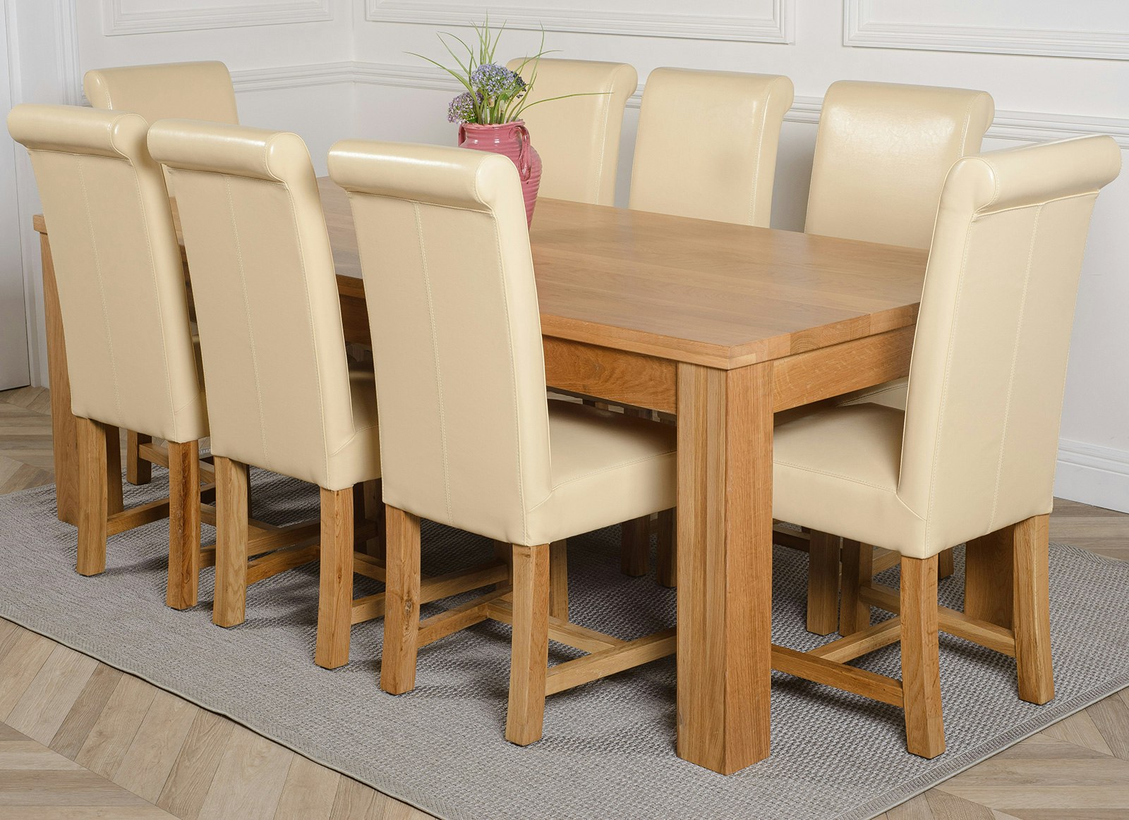 Rackhams Ivory Dakota Extra Large Oak Dining Table With Washington Leather Chairs - 8 Chairs