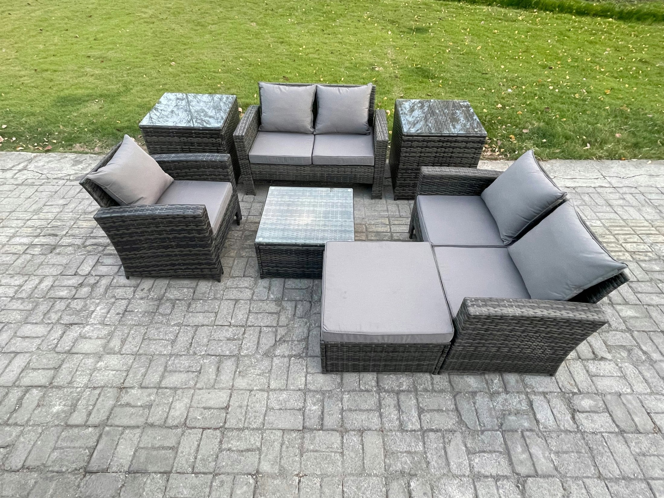 Rackhams Dark/Grey Outdoor Rattan Garden Furniture Set Conservatory Patio Sofa Coffee Table Set With Chair 2 Side Tables Big Footstool Mixed