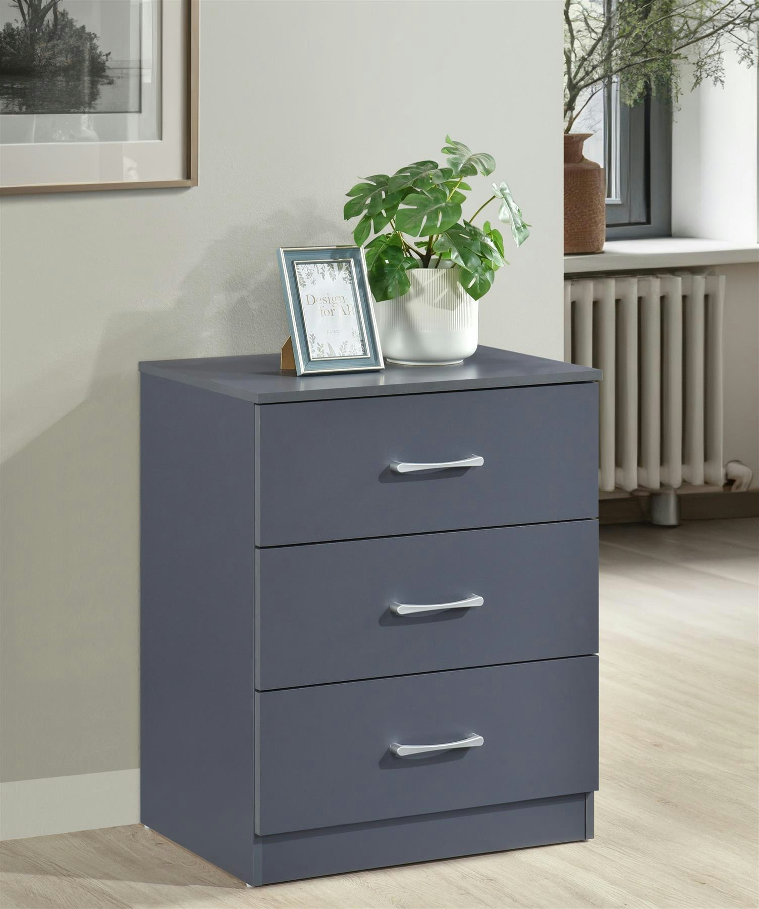 B&Q - Modern Dark Grey Chest Of 3 Drawers Bedroom Furniture Storage Bedside Cabinet - Image 2
