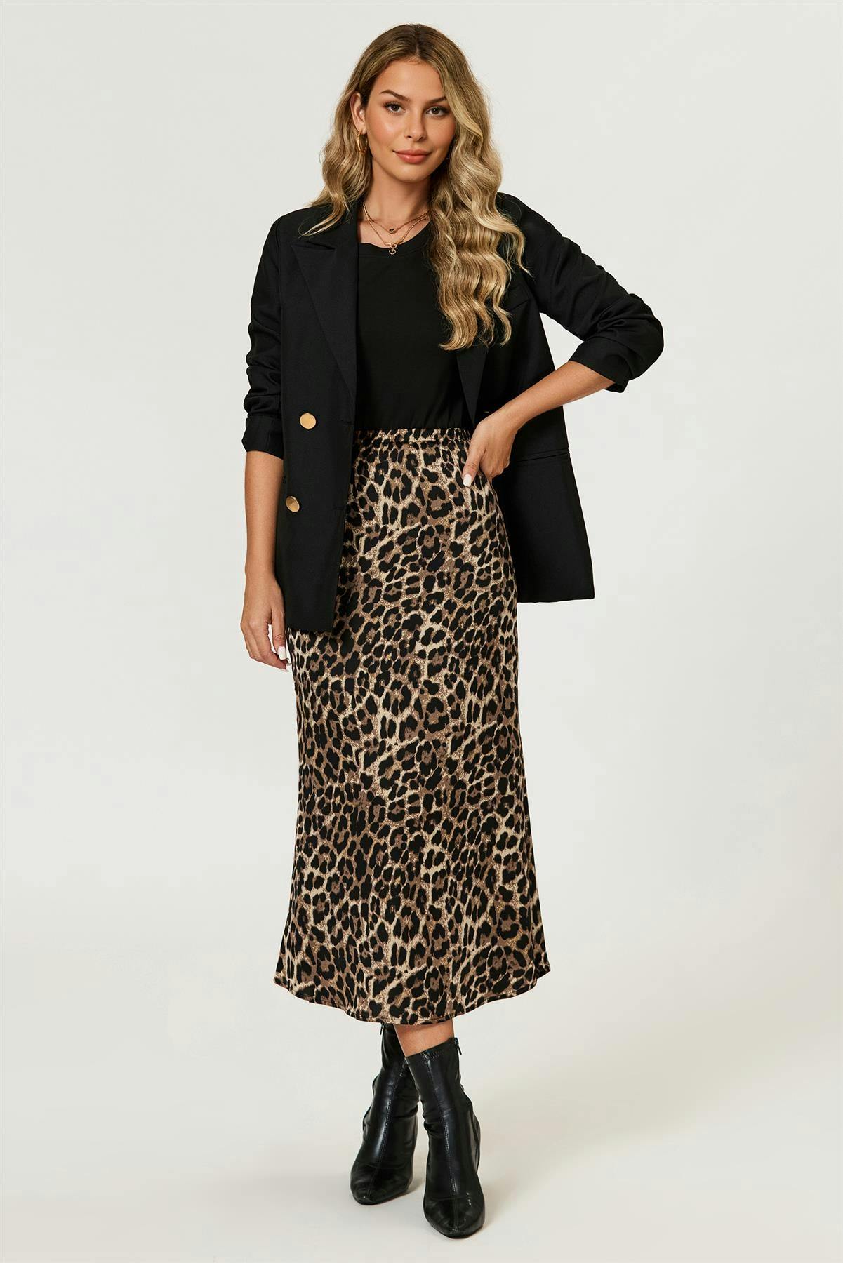 Fs Collection Brown Leopard Print Satin Midi Skirt In - Xs