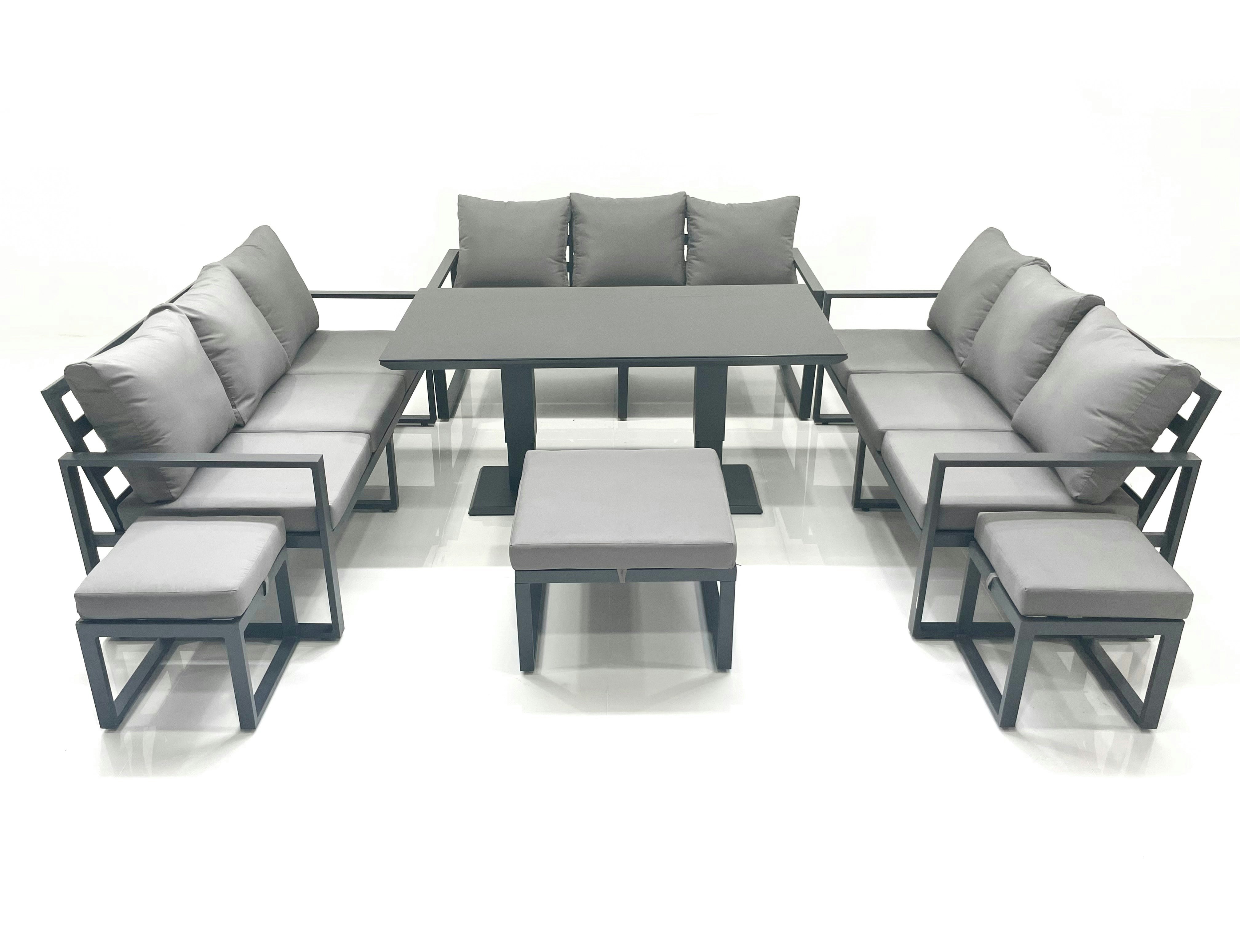 Fimous Dark/Grey 12 Seater Garden Sofa Set Aluminium Furniture Rising Dining Tabe Set Wth 3 Footstools