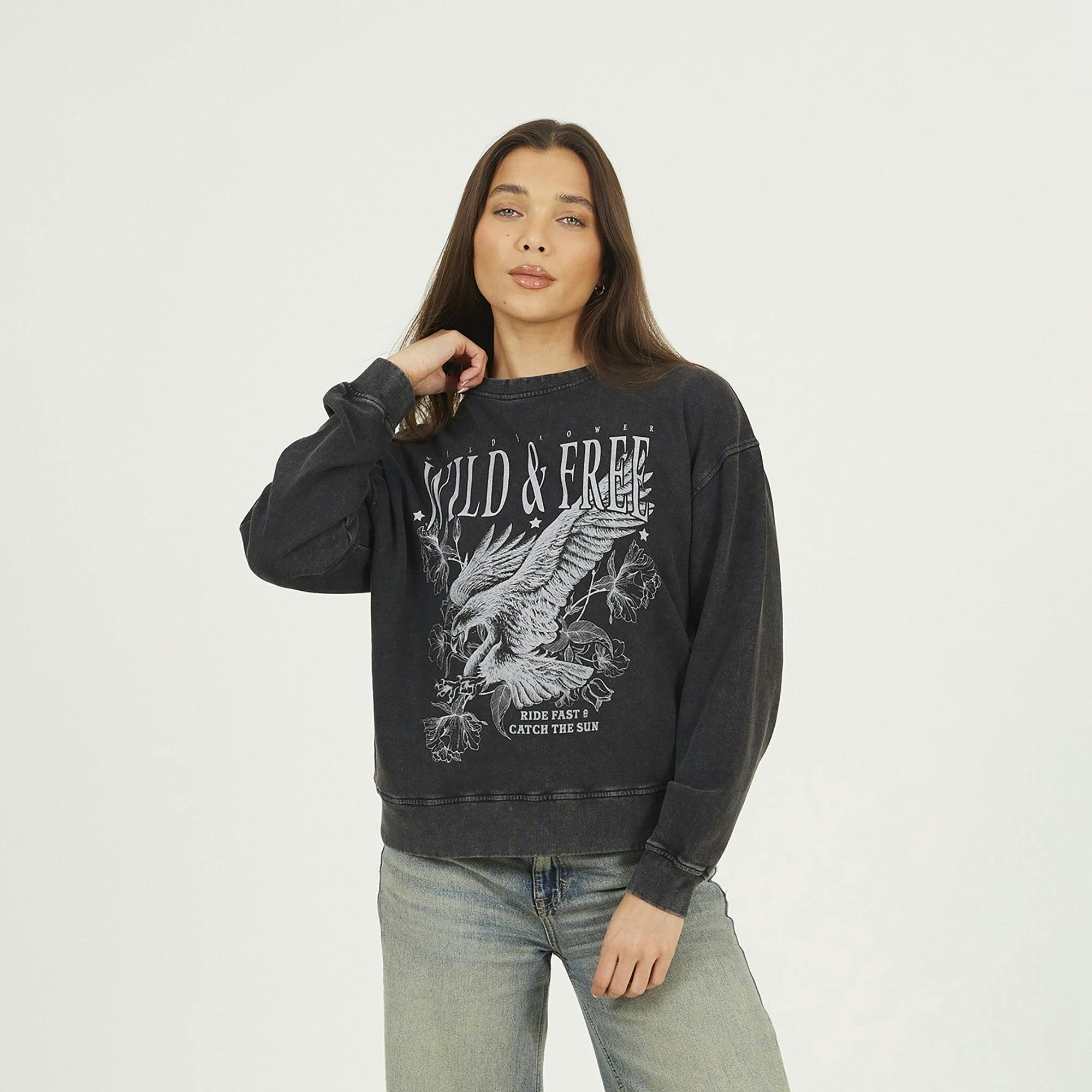 Brave Soul Black Acid Wash Graphic Print Sweatshirt - M