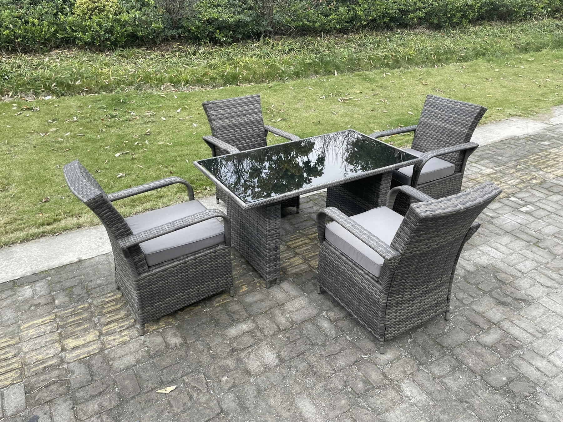 Fimous Black 4 Seat Rattan Garden Furniture Dining Set Table And Chair Sets Pe Wicker Patio Outdoor 4 Chairs Tempered Glass Table
