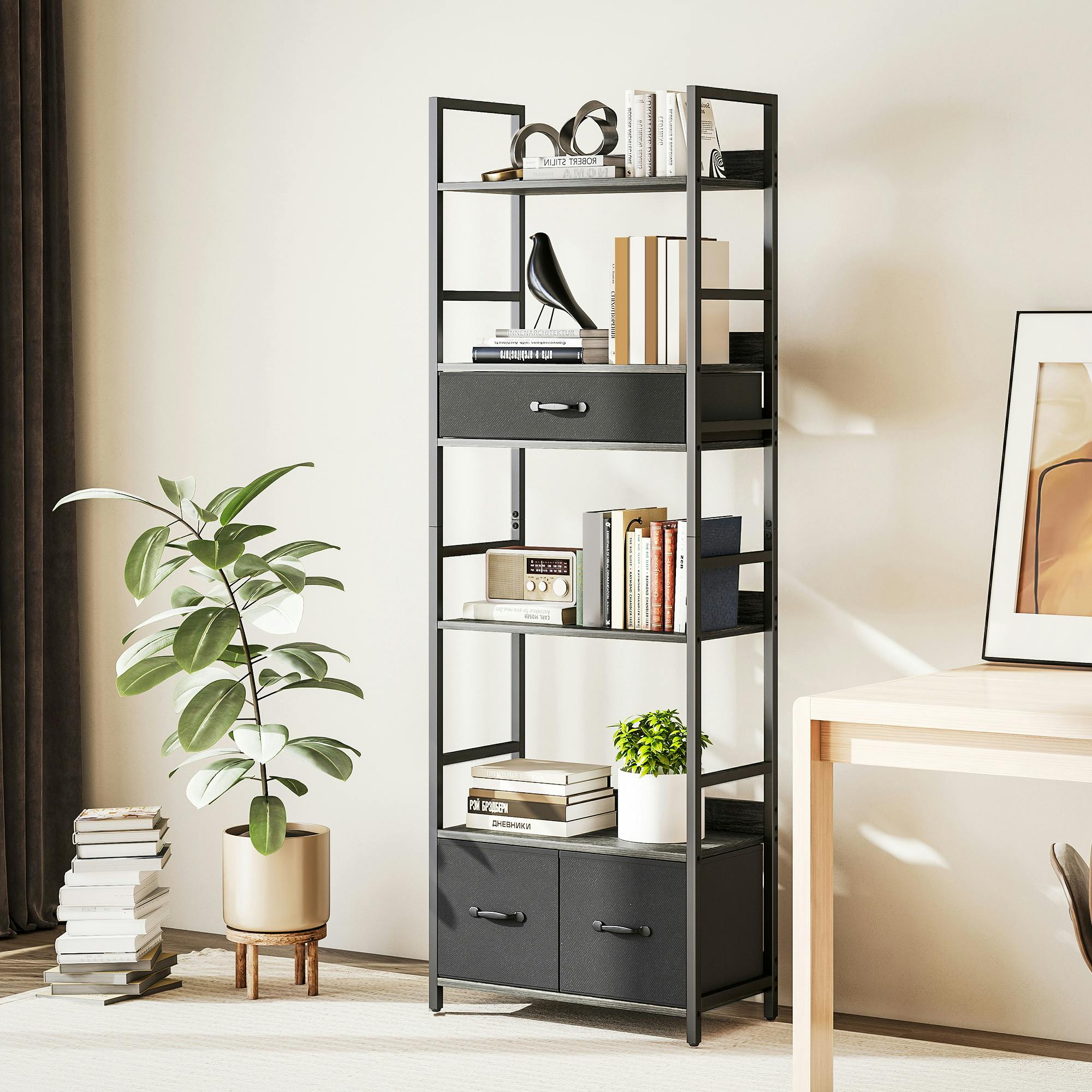 Homcom Brown/Grey Industrial Bookshelf With 4 Shelves And 3 Fabric Drawers Rustic