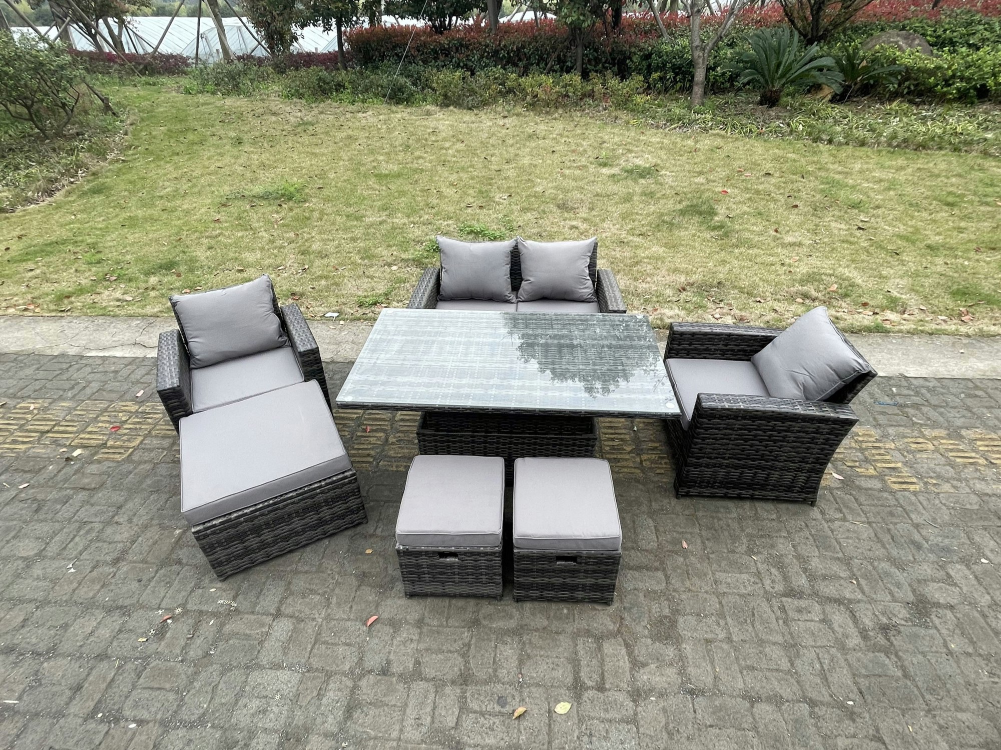 Rackhams Rattan Outdoor Furniture Adjustable Rising Lifting Rectangle Dining Table Chairs Two Seater Love Sofa Sets 3 Footstools 7 Seater