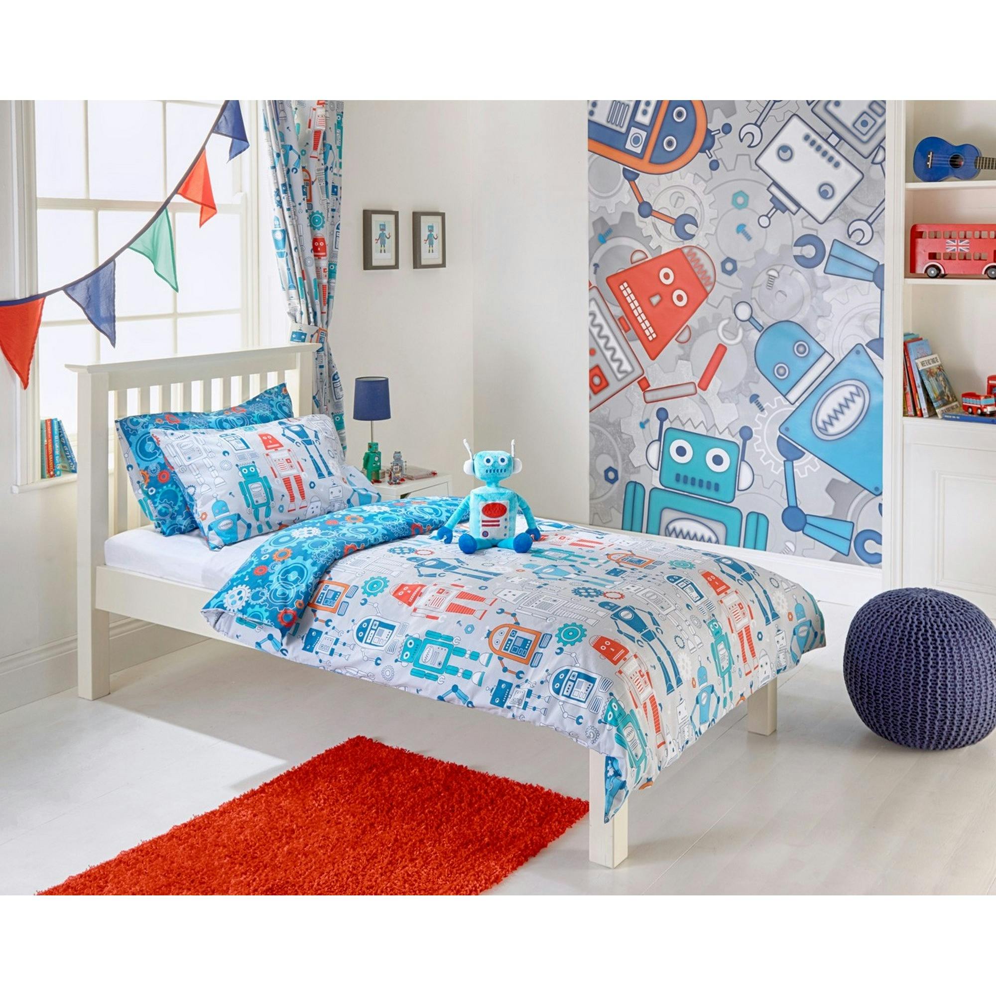 Rackhams Blue Robot Pencil Pleat Curtains - 66 X 72In (168 X 183Cm) - 50% Polyester/50% Cotton