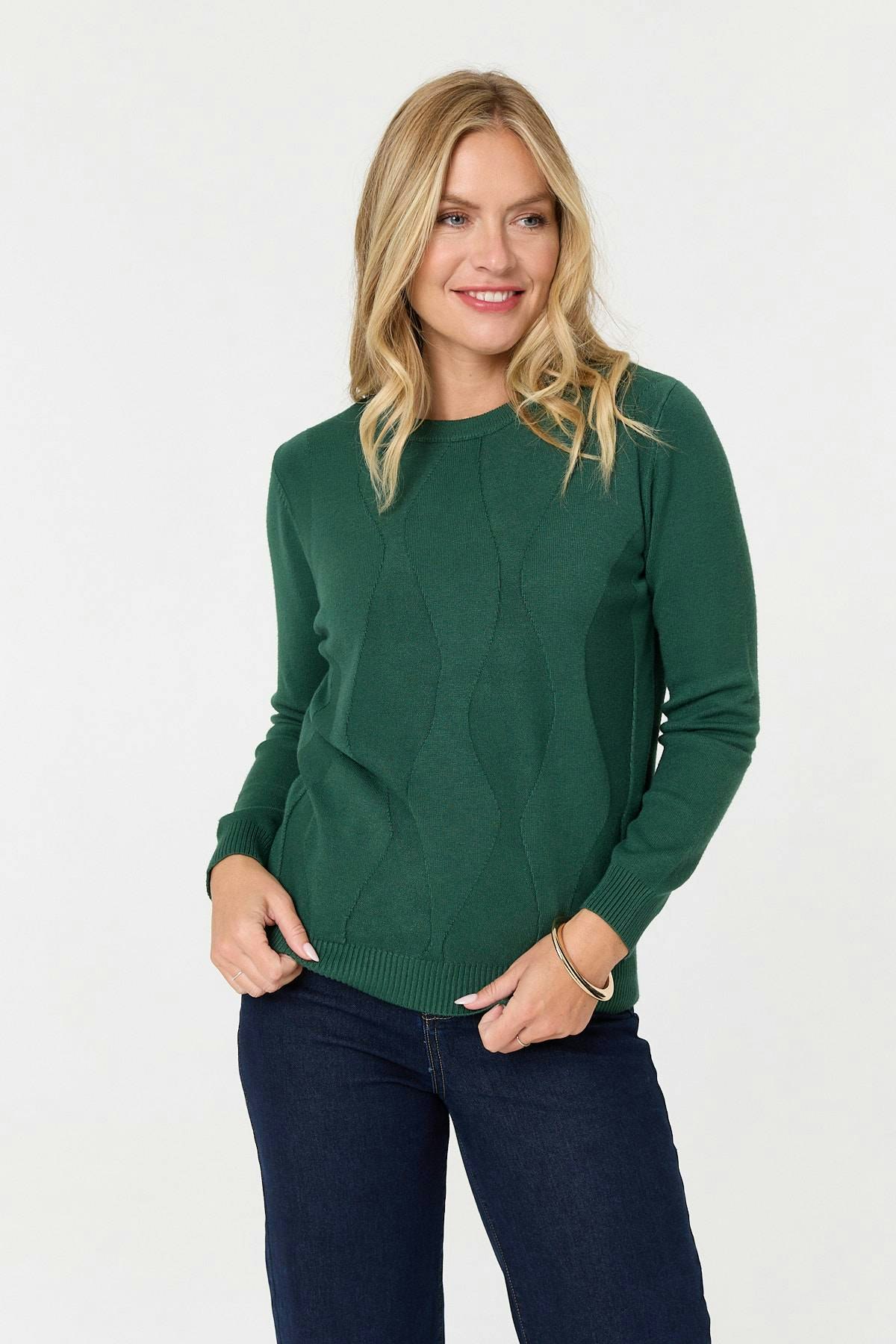 Izabel London Green Textured Long Sleeve Slim Knit Jumper - M