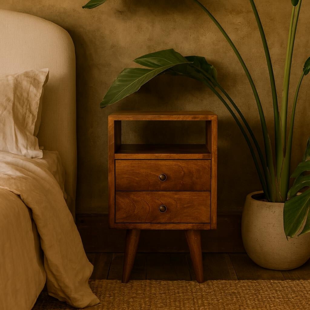 Wyld Haus Olbia Mini Classic Chestnut Mango Wood Bedside Table 2 Drawers