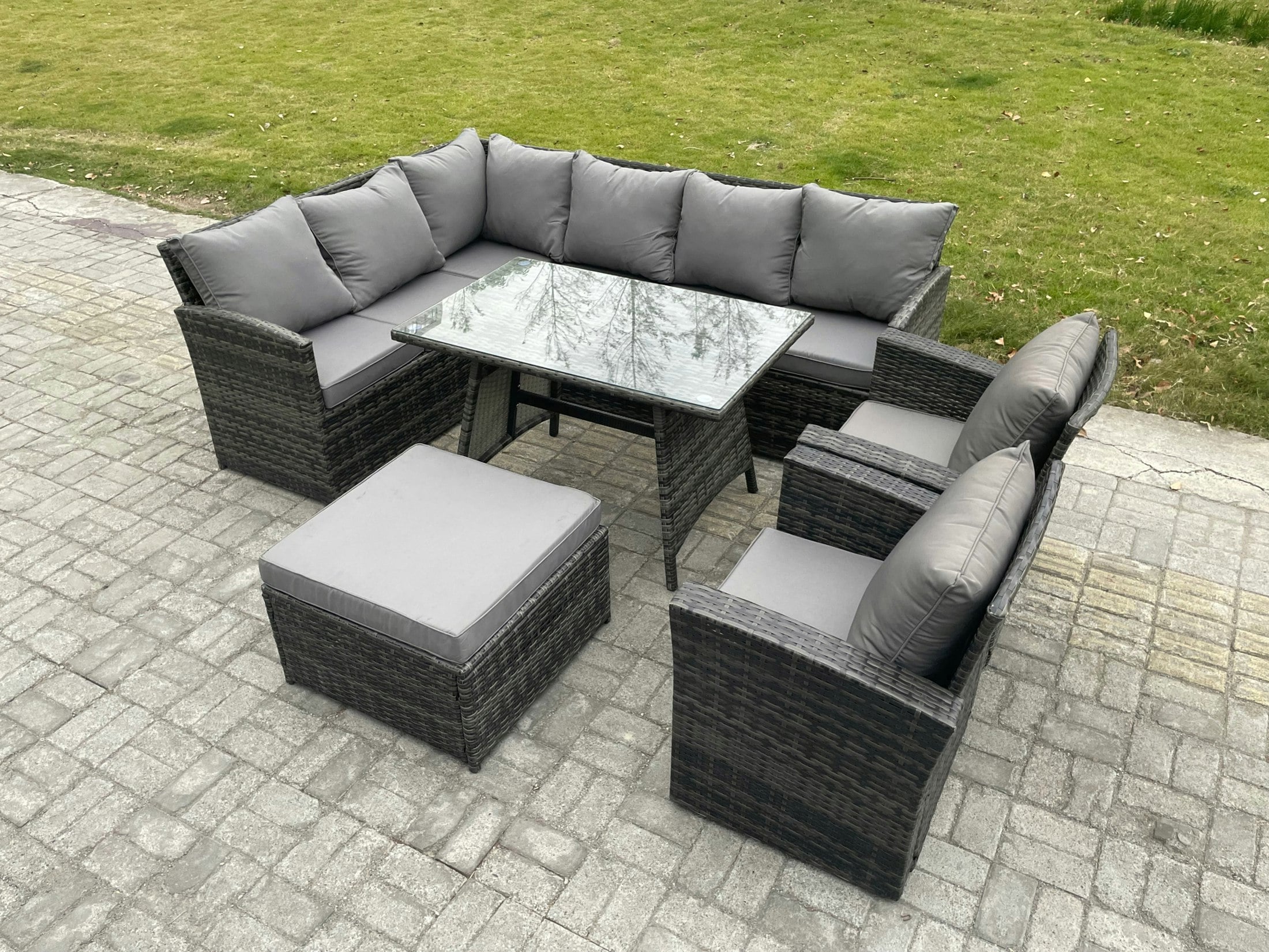 Rackhams Dark/Grey 9 Seater Rattan Garden Furniture Sets High Back Corner Sofa Rectangular Dining Table Set With Big Footstool 2 Armchairs Mixed
