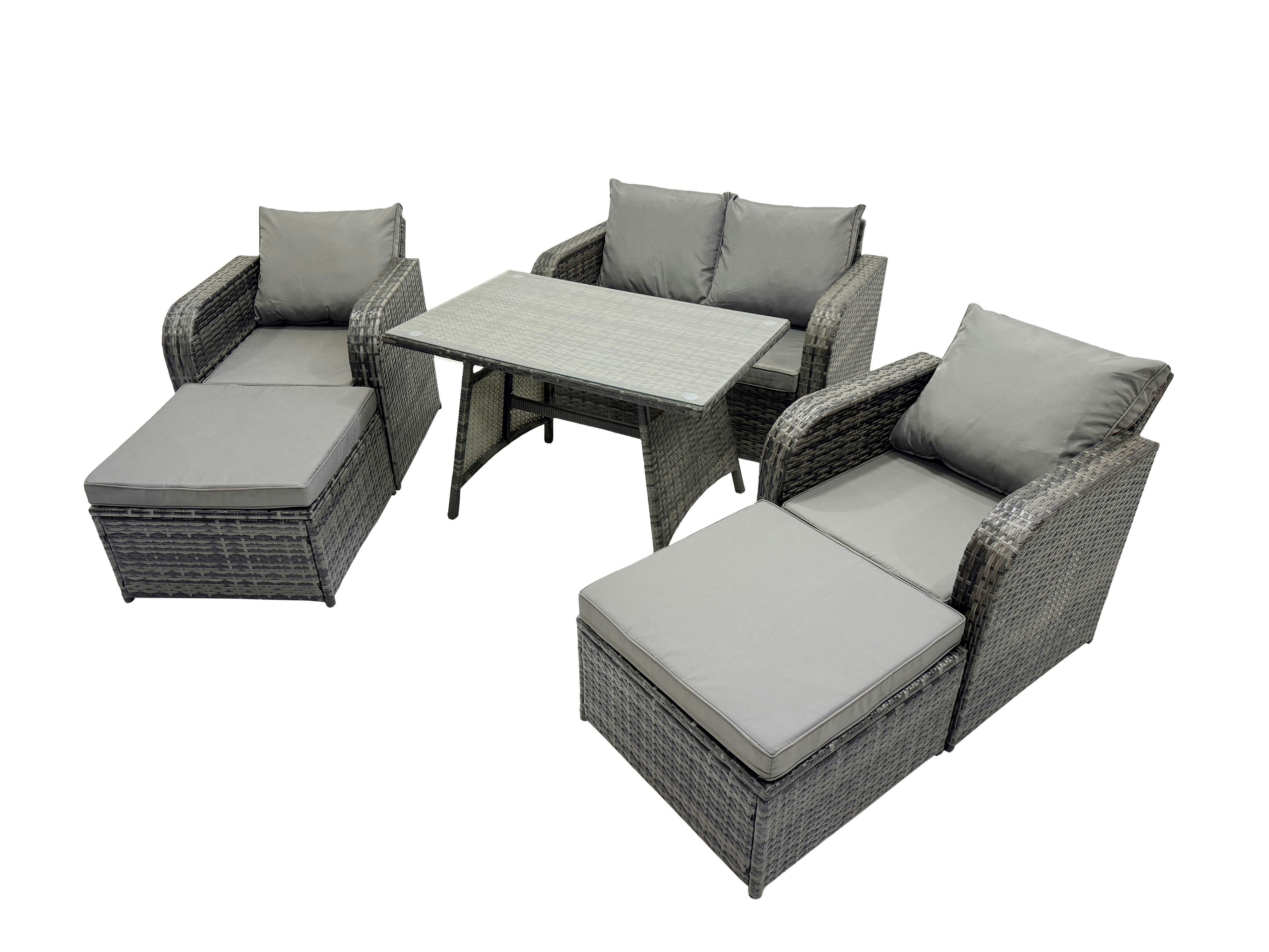 Fimous Dark/Grey 6 Seater Garden Outdoor Rattan Furniture Set Rattan Sofa Oblong Dining Table With 2 Big Stools