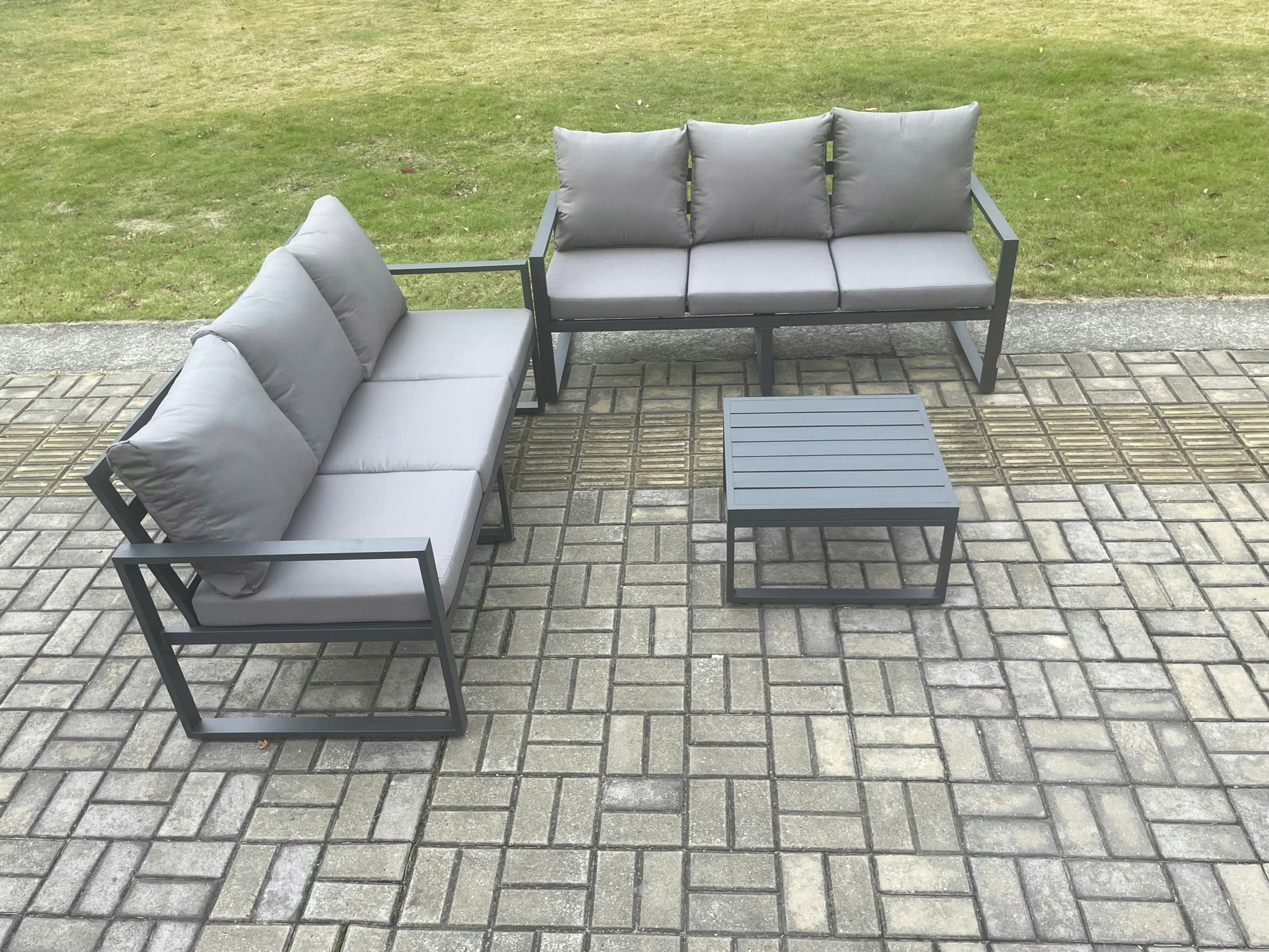 Rackhams Dark/Grey Aluminium 3 Pieces Garden Furniture Sofa Set With Cushions 6 Seater Outdoor Patio Set With Square Coffee Table