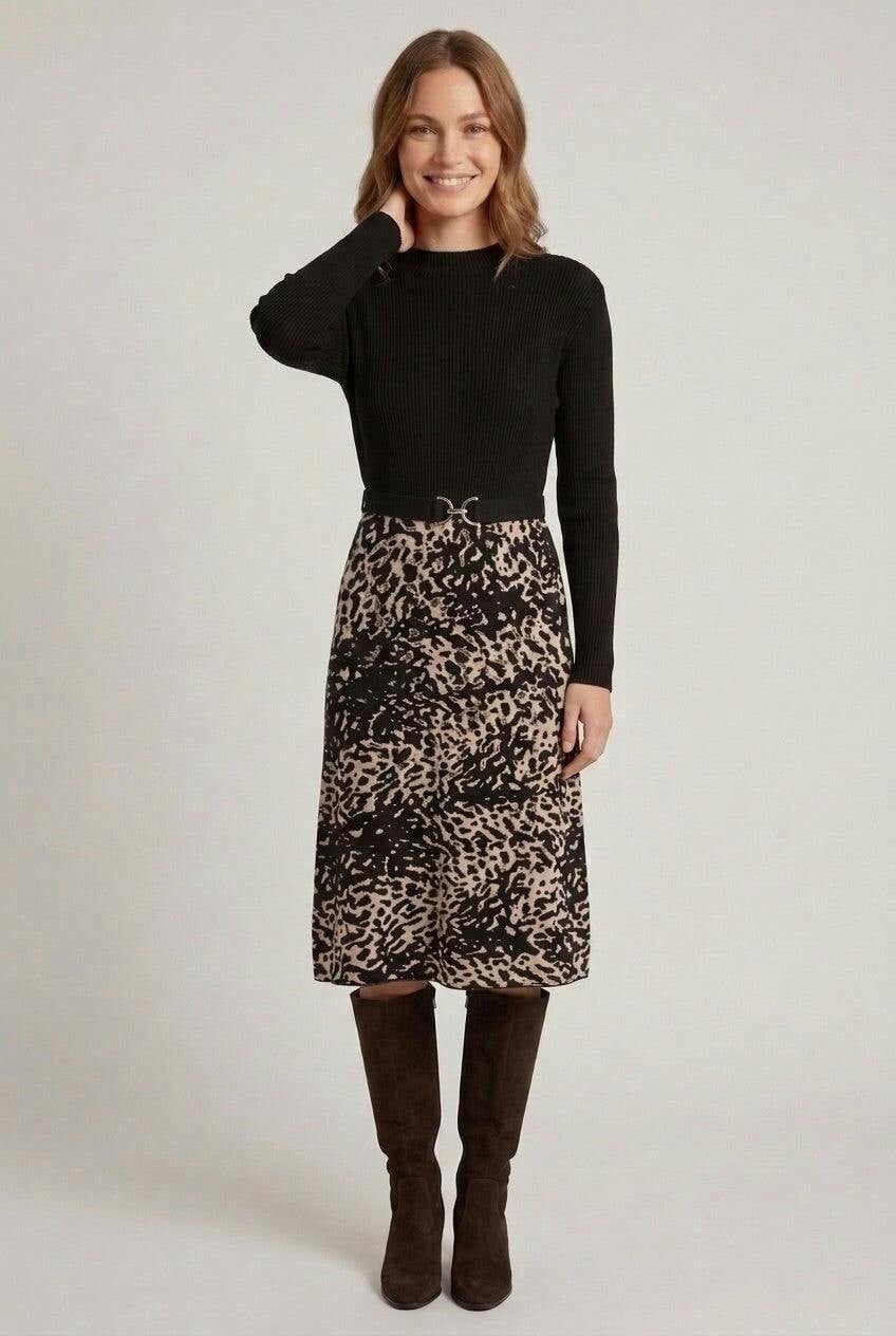 Izabel London Black Animal Print Belted Knit Midi Dress - 16