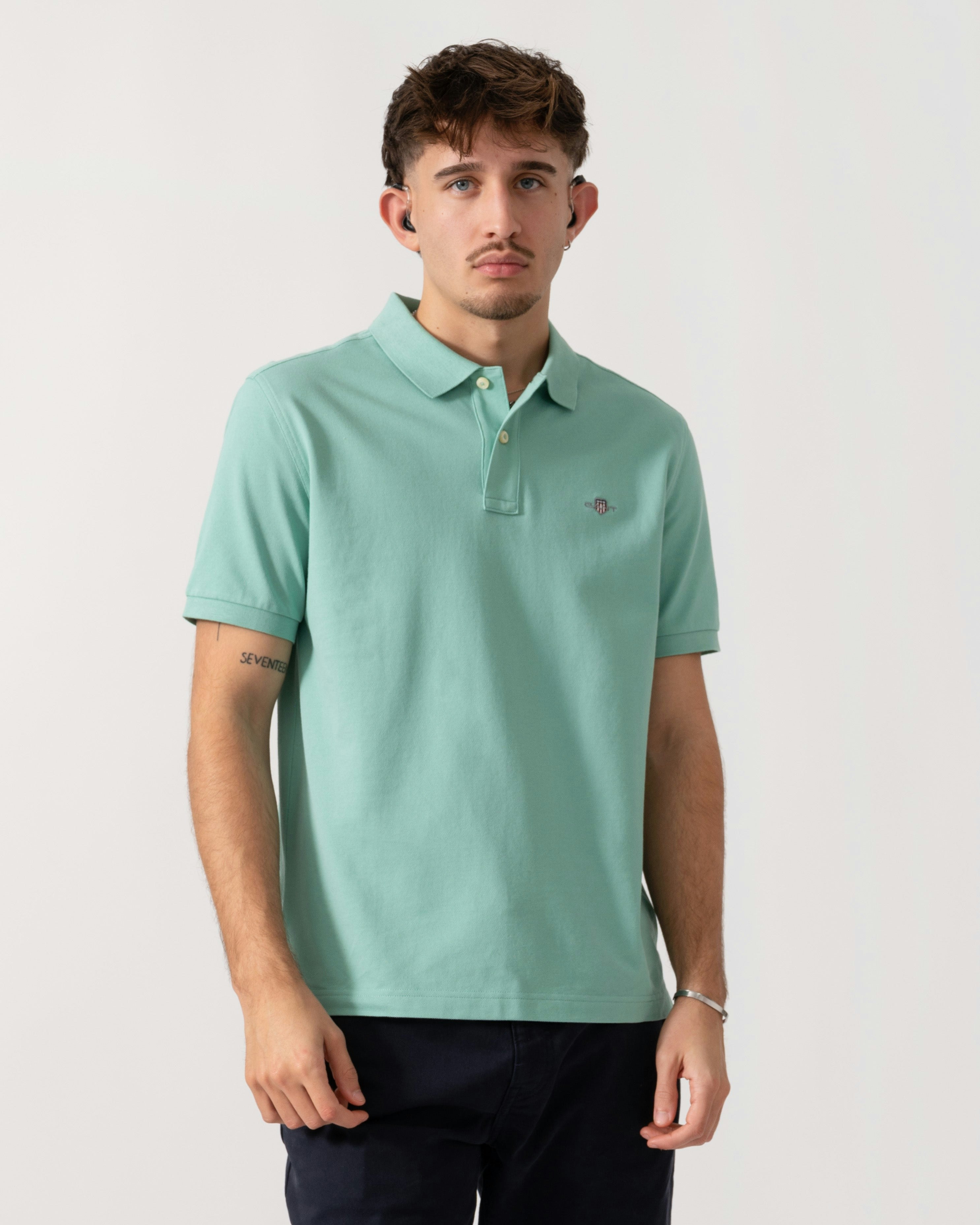 Gant Men's Turquoise Regular Fit Short Sleeve Shield Logo Pique Polo - 323 Muted - 323 Muted - Xl