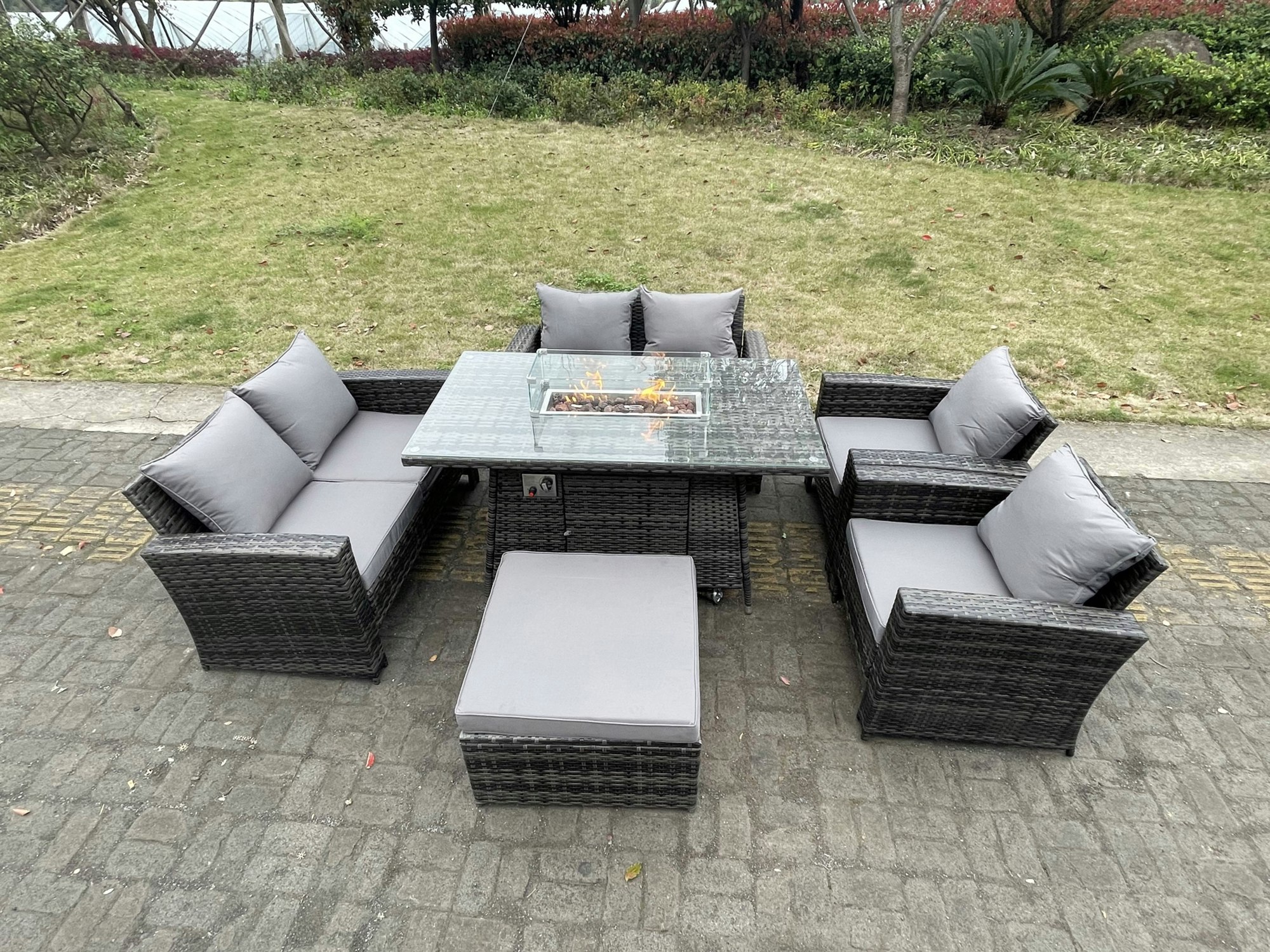 Fimous Dark/Grey Rattan Outdoor Furniture Gas Fire Pit Rectangle Dining Table Gas Heater Chairs Two Seater Love Sofa Sets Big Footstools 7 Seater