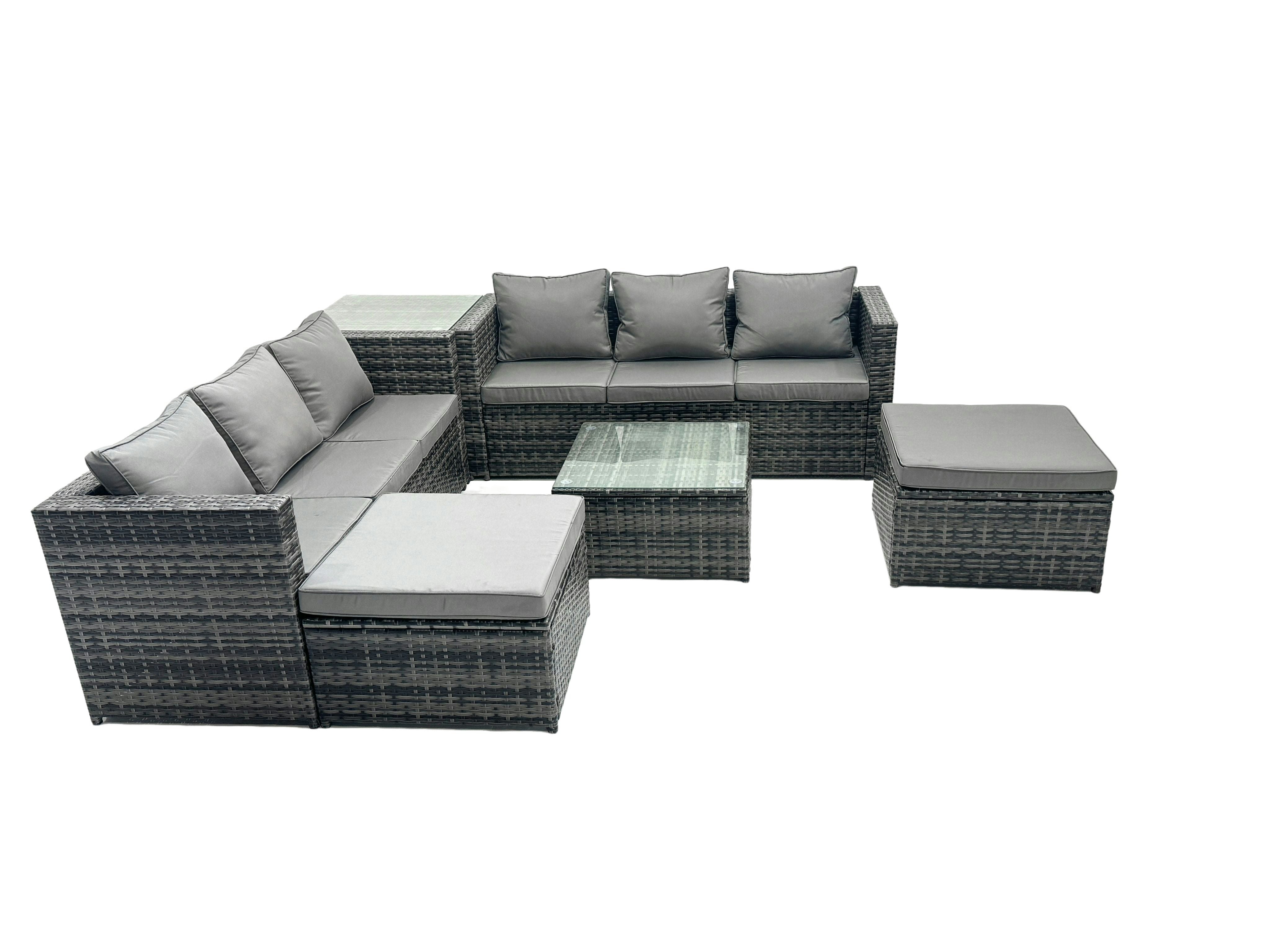 Fimous Dark/Grey Outdoor Rattan Garden Furniture Set 8 Seater Patio Lounge Sofa Set With Square Coffee Table Side Table 2 Big Footstools Mixed