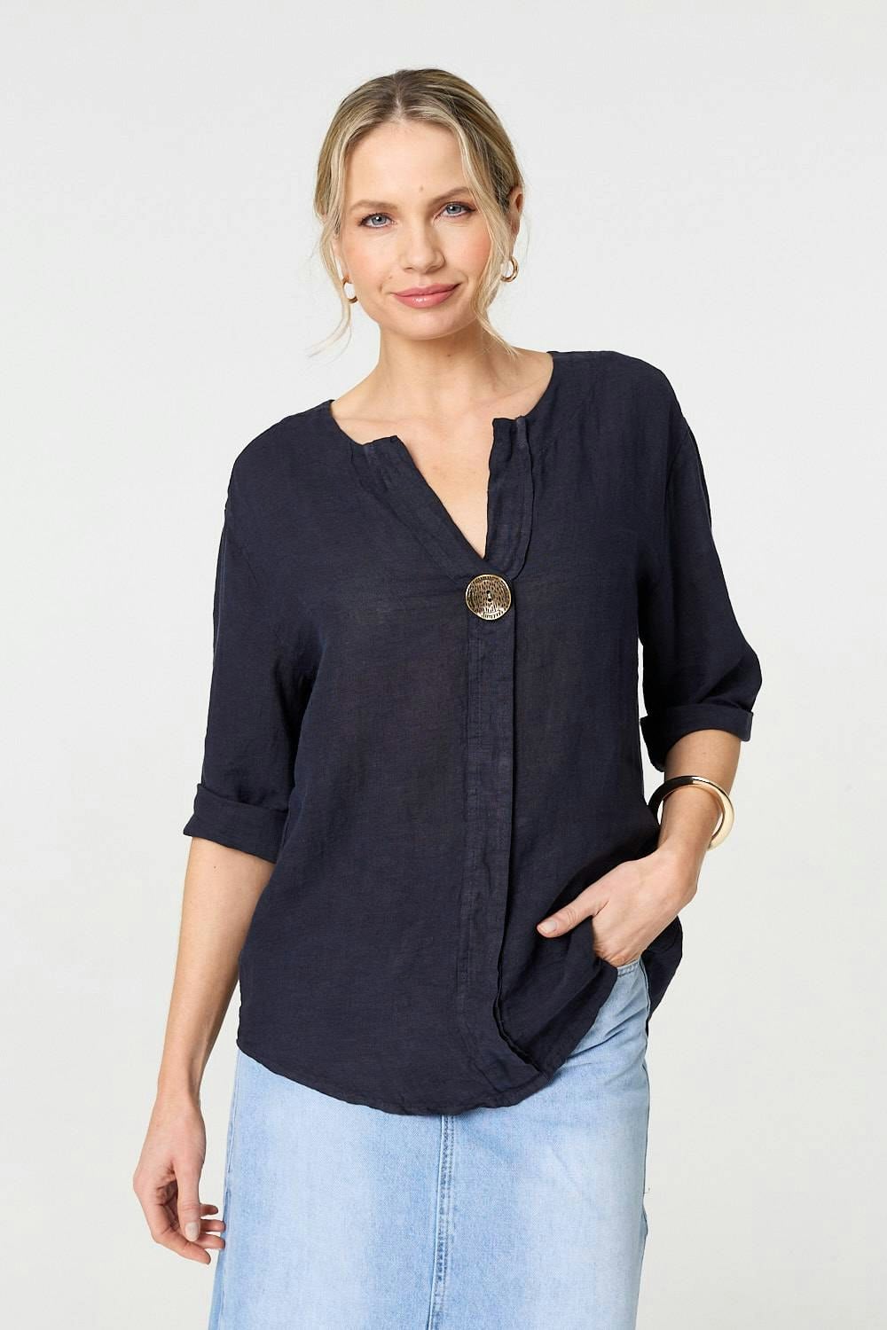 Izabel London Button Detail 1/2 Sleeve V-Neck Blouse - Navy - 14