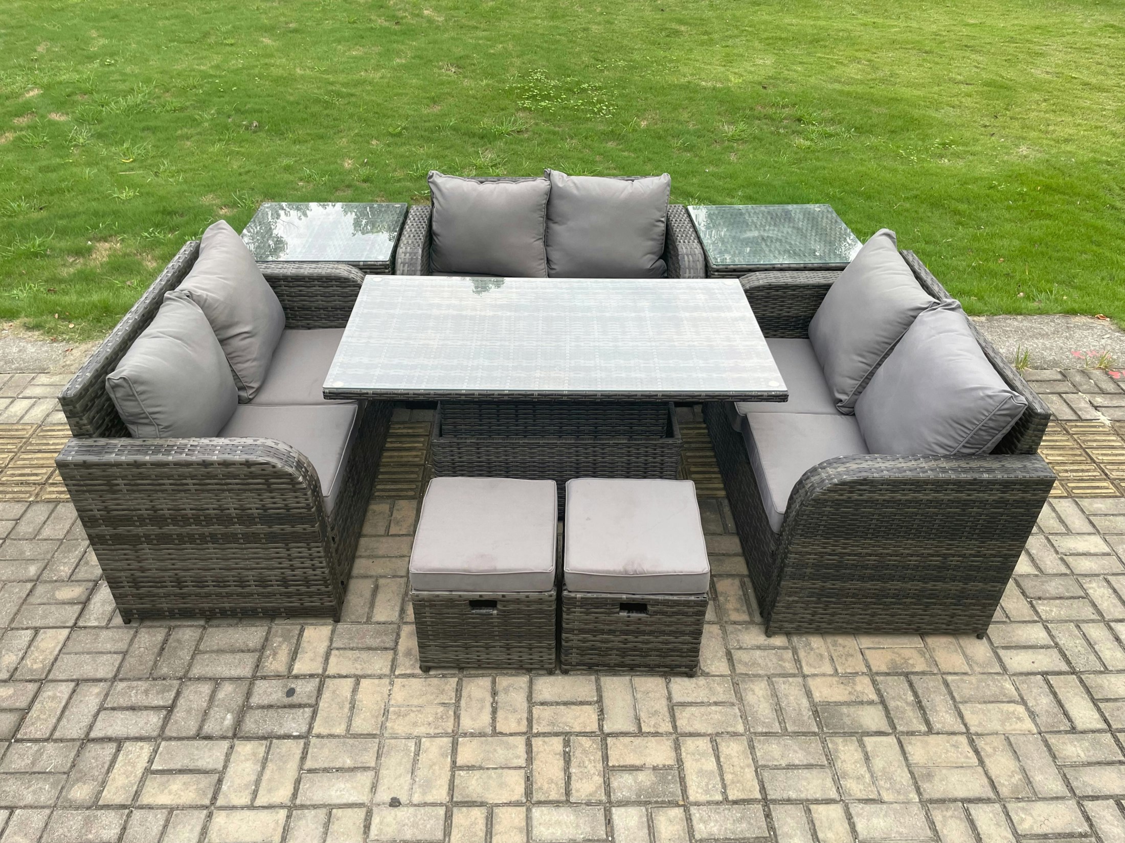 Fimous Rattan Garden Outdoor Furniture 3 Pc Love Sofa Set Patio Adjustable Rising Lifting Dining Table With 2 Side Tables 2 Small Footstools