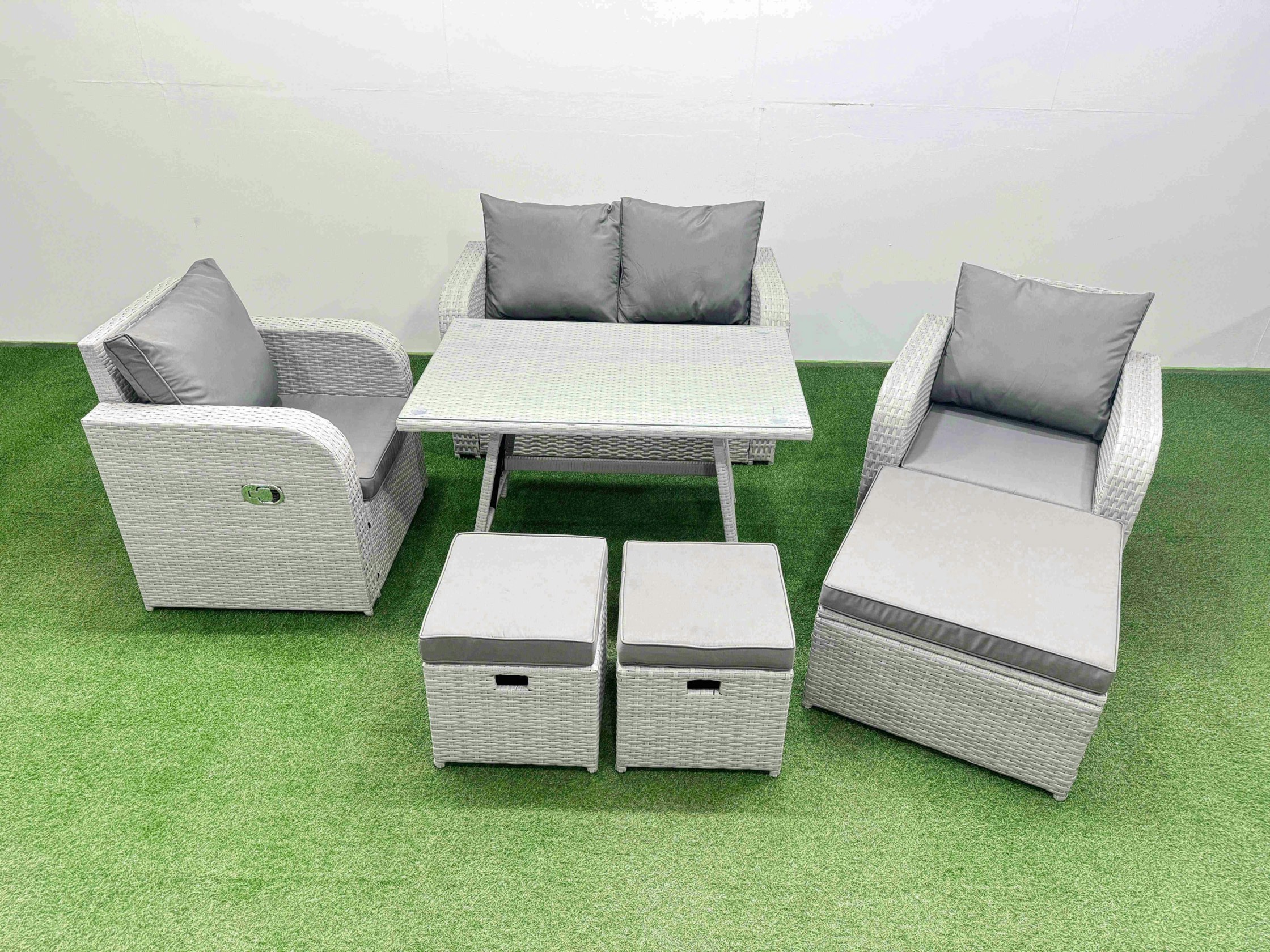 Rackhams Light/Grey Pe Wicker Rattan Garden Furniture Set Sofa Set Reclining Chair Love Sofa Rectangular Dining Table 3 Stools