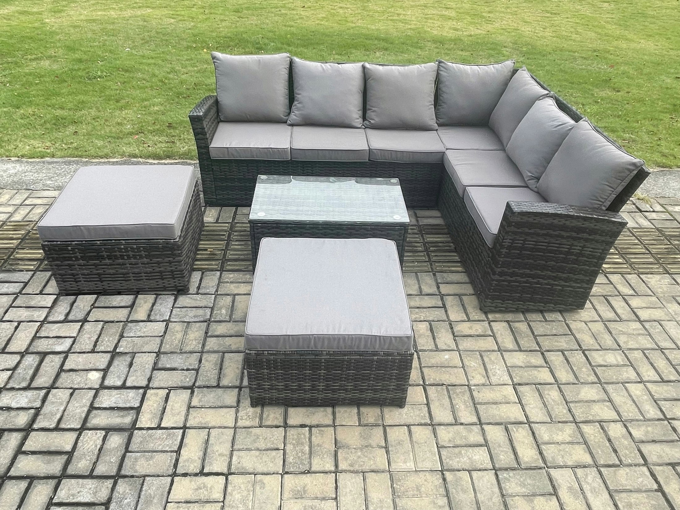 Fimous Dark/Grey Wicker Pe Outdoor Garden Furniture Set High Back Rattan Corner Sofa Set With Rectangular Coffee Table 2 Big Footstool