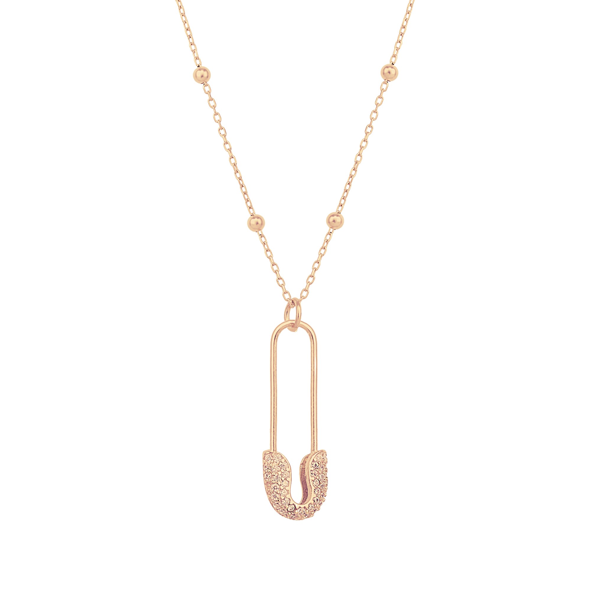 Spero London Silver/Gold Sterling Jewelled Safety Pin Necklace With Beaded Chain - Rose - Rose