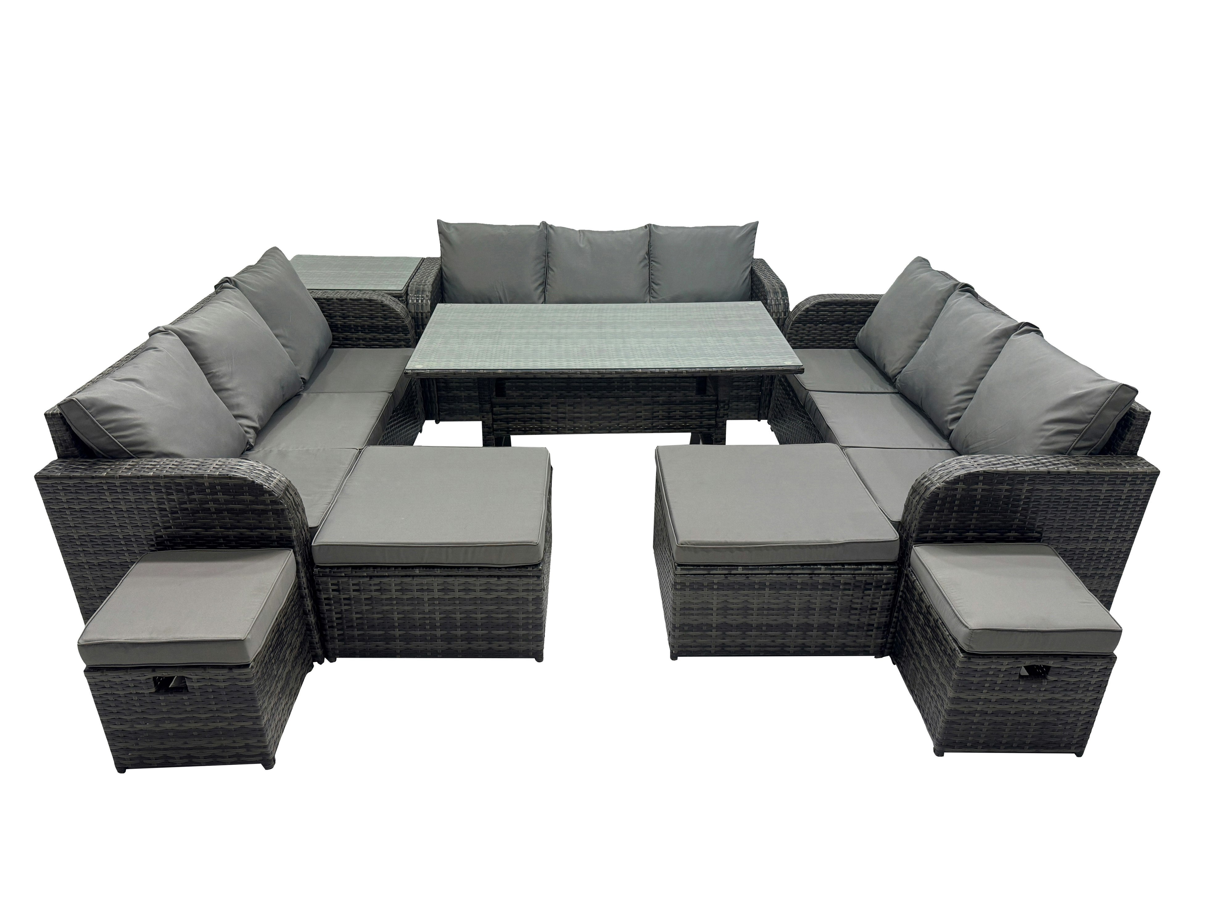 Rackhams Dark/Grey 13 Seater Garden Outdoor Rattan Furniture Set Rattan Sofa Oblong Dining Table With Side Table 4 Footstools