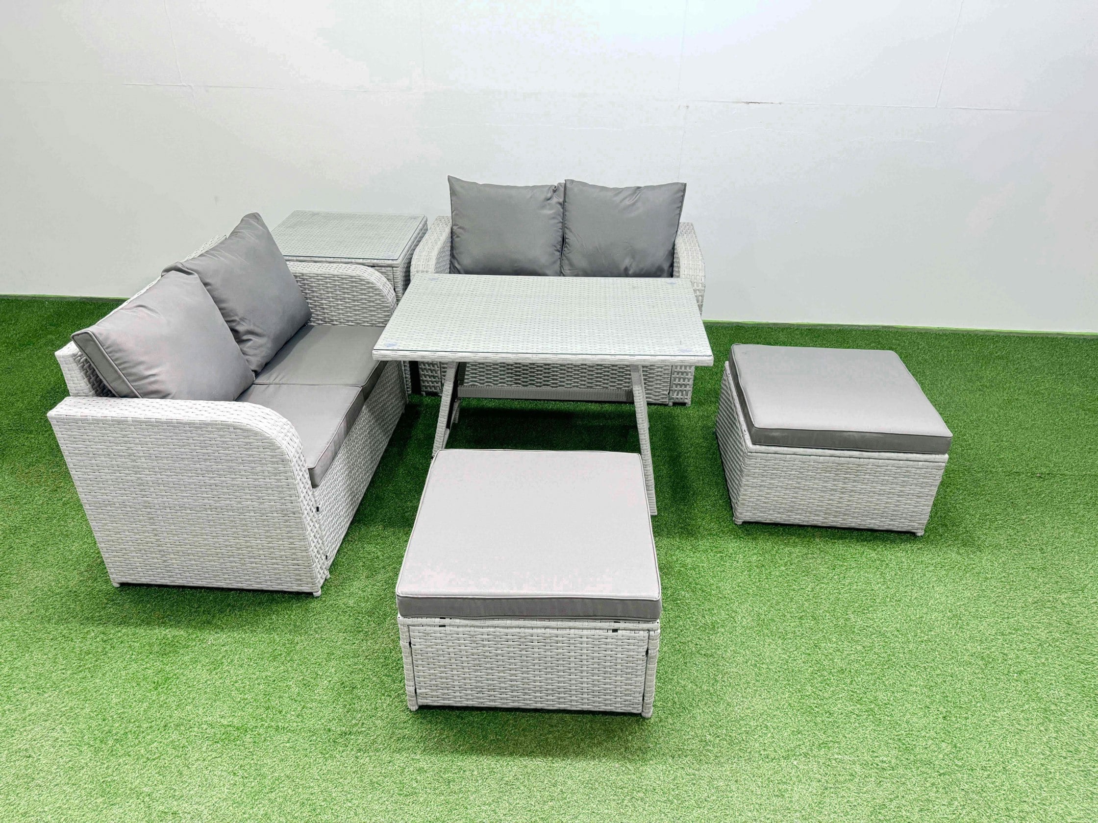 Rackhams Light/Grey 6 Seater Outdoor Love Sofa Set Rattan Garden Furniture Set With Rectangular Dining Table Side Table 2 Big Footstool