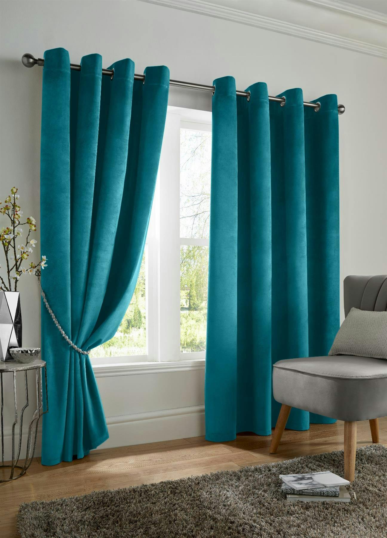 Rackhams Black/Light Velvet Ring Top Out Curtains - Teal - 117Cm Width X 183Cm Drop