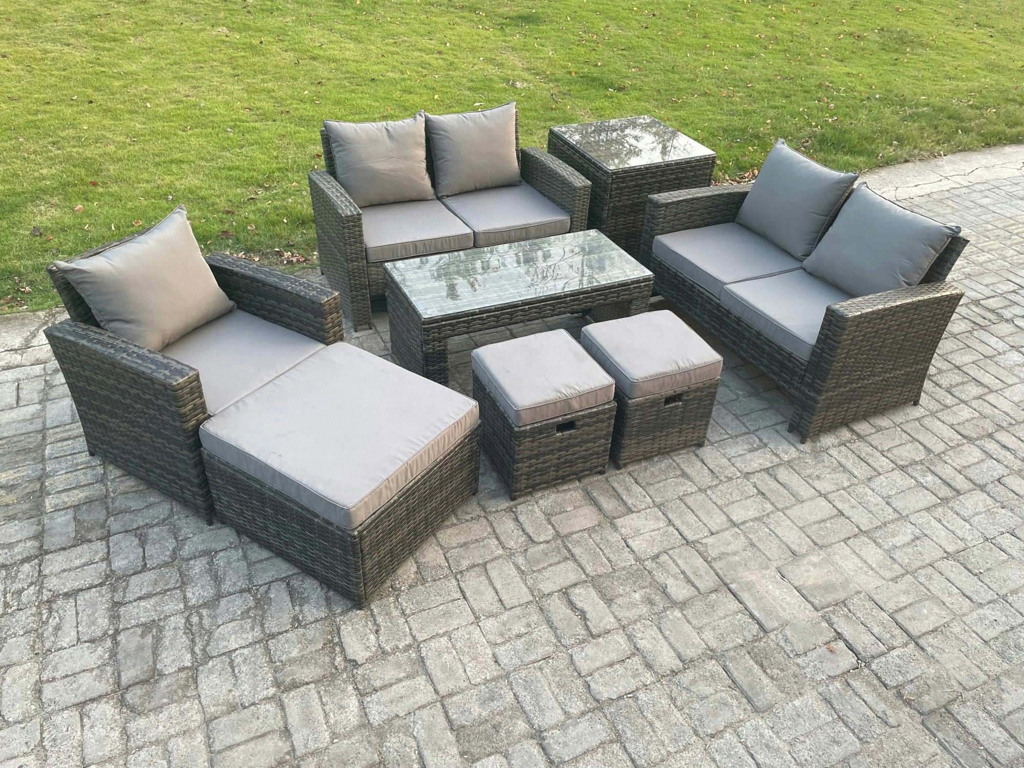 Rackhams Dark/Grey Outdoor Rattan Patio Furniture Set Garden Lounge Sofa Set With Side Table 3 Footstools Coffee Table Mixed